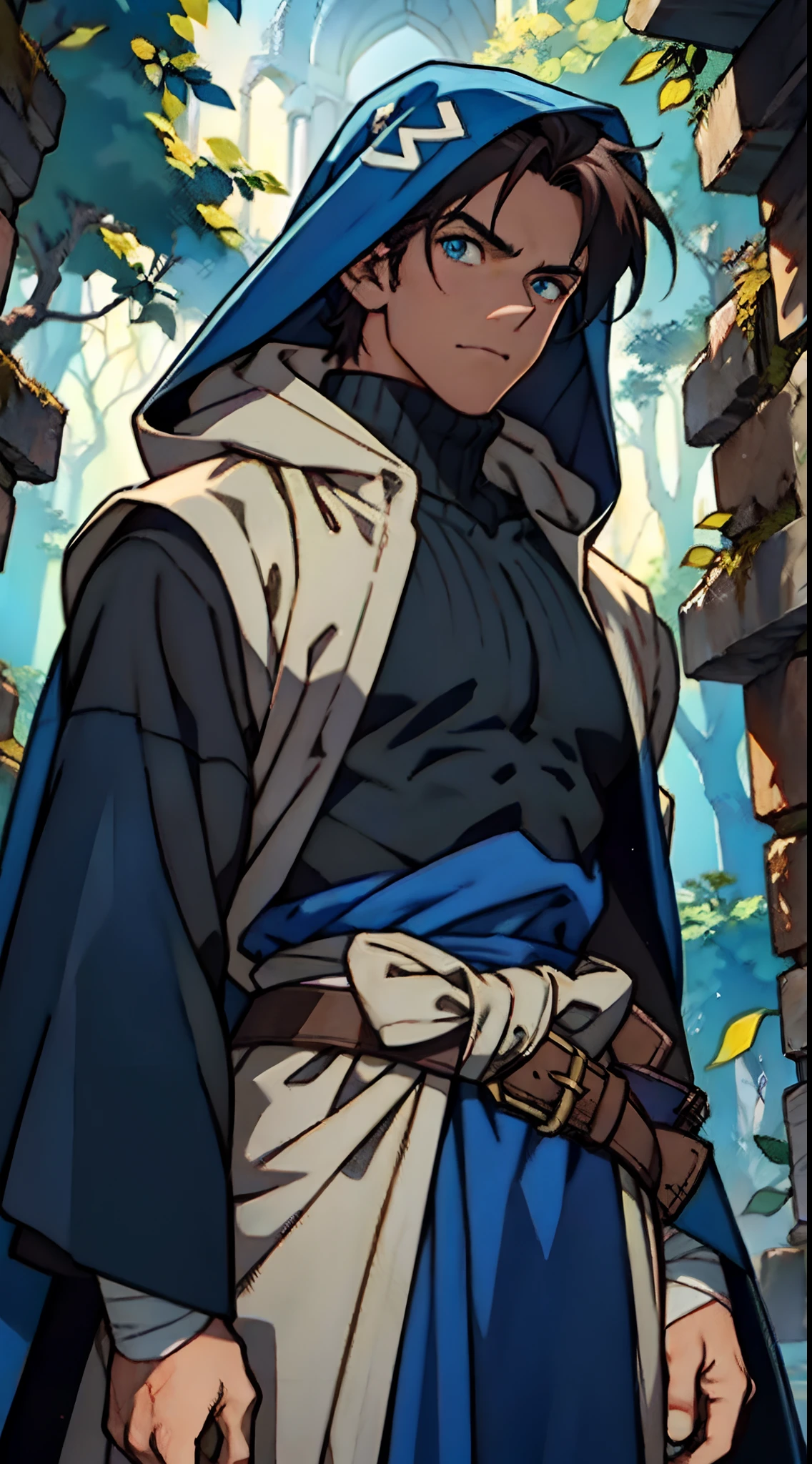 A man whose upper body is entirely bandaged, draped in a hooded cloak that conceals his face, revealing only his snakelike eyes, his waist is adorned with several coiled belts, he wears a long robe on his lower body, set against a backdrop of mysterious ancient ruins, an enigmatic atmosphere, this character embodies a finely crafted a fantasy-style wilderness design in anime style, characterized by a sophisticated and mature manga illustration art style, high definition, best quality, highres, ultra-detailed, ultra-fine painting, extremely delicate, professional, anatomically correct, symmetrical face, extremely detailed eyes and face, high quality eyes, creativity, RAW photo, UHD, 8k, Natural light, cinematic lighting, masterpiece:1.5