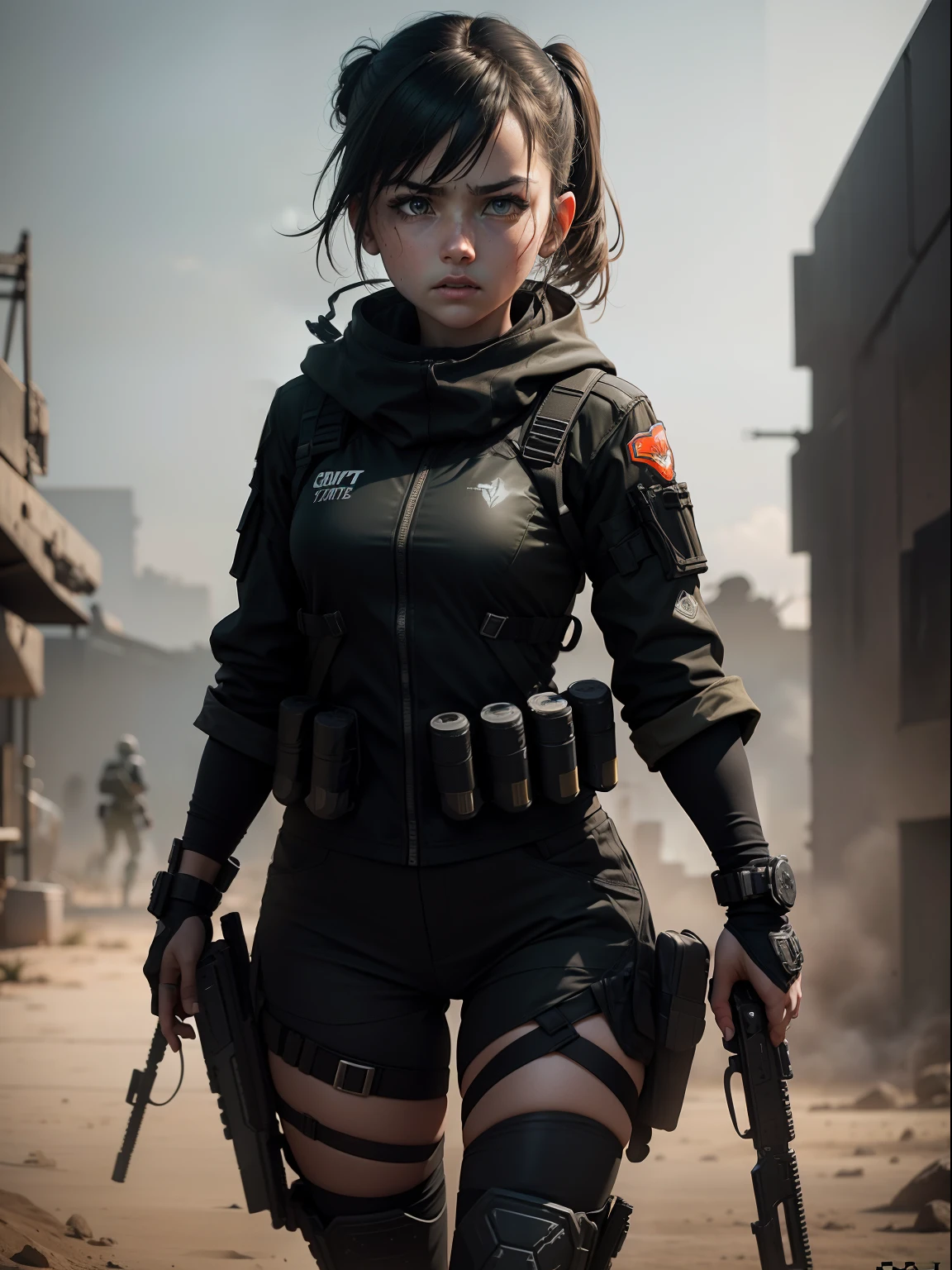 Step into the heart-pounding realm of combat and create a striking image of a girl wearing a Call of Duty: Black Ops suit, complete with guns in her hands. Set the scene against a backdrop of war, capturing the intensity and adrenaline of the battlefield as she exudes confidence and determination