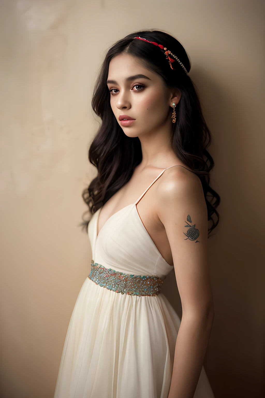 (Photo of a 21-year-old woman), (party dress、Fancy accessories、piercings) (0.7) (Ivory wall) by lee jeffries, Nikon D850, film stock photograph ,4 Kodak Portra 400 ,Camera F1.6 lens ,Rich colors ,Hyper realistic ,Lifelike texture, Dramatic Lighting , cinestill 800,