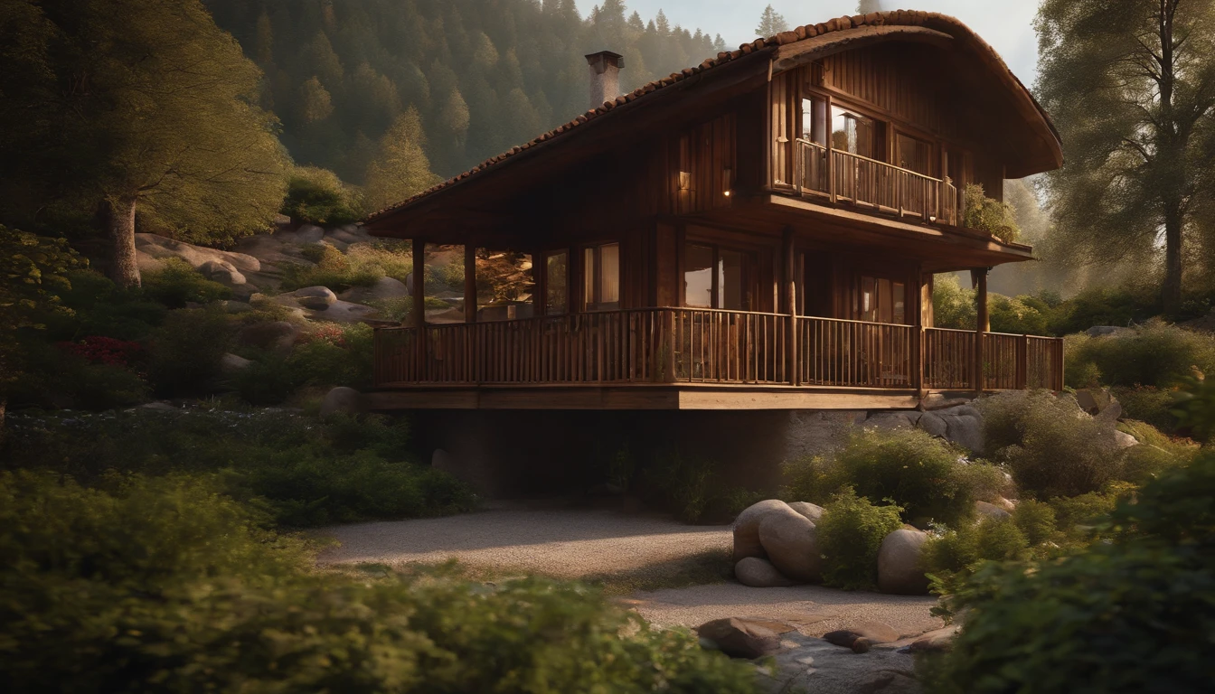 A rustic home nestled in the mountains, built with walls of unprocessed tree logs and a roof of clay tiles. The house exudes a deep connection with the surrounding nature. Wooden logs display natural textures, and climbing plants gently hug the walls. The setting is a mountainous landscape, with ancient trees and a babbling brook. Artistic photography, capturing the harmony between the house and its surroundings, using a wide-angle lens to encompass the entire scene
