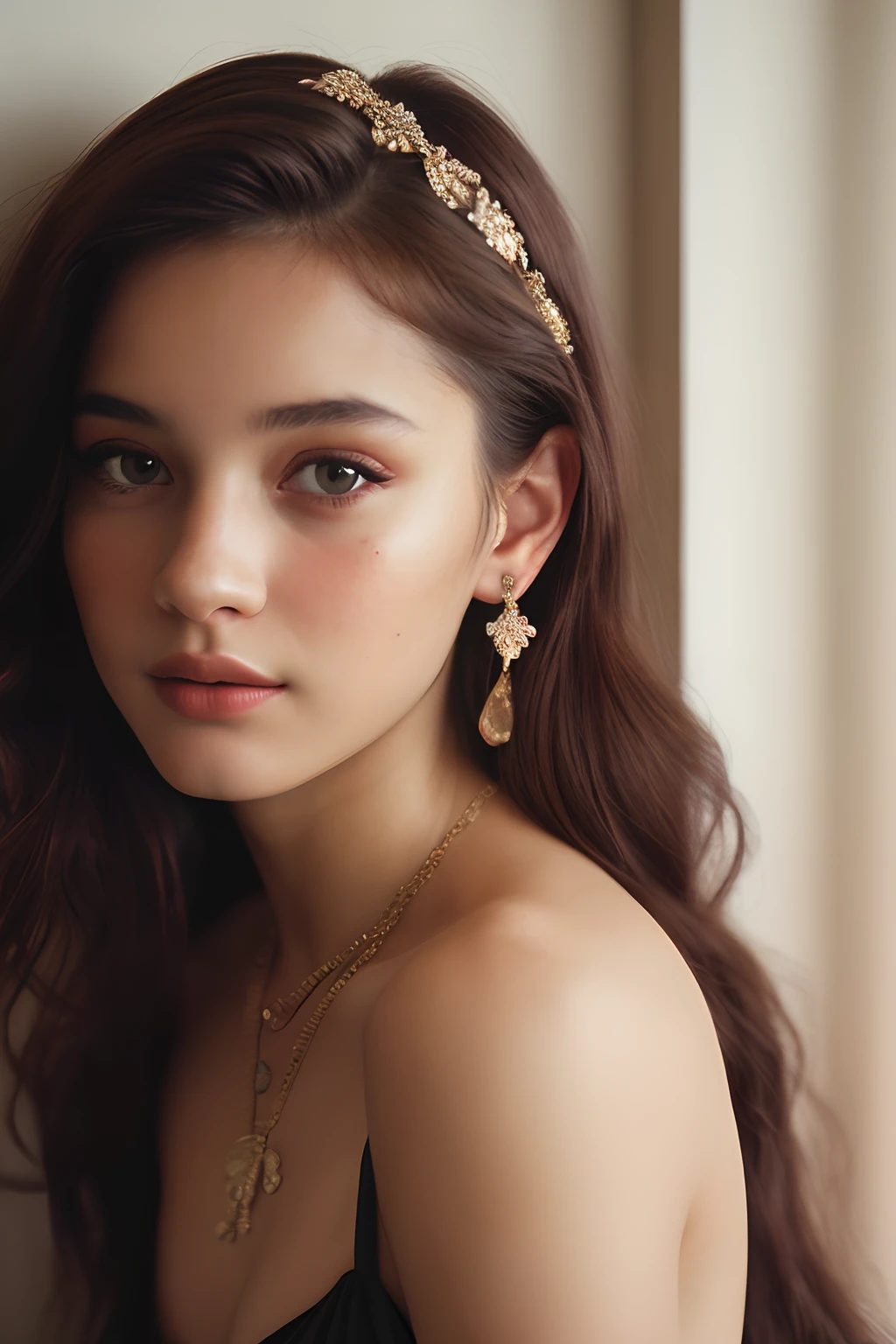 (party dress、Gorgeous accessories、Fancy piercings、a necklace、hair adornments、of a 21-year-old woman), (Highly detailed face:1.4) (Smile:0.7) (Ivory Wall 1.3) by lee jeffries, Nikon D850, film stock photograph ,4 Kodak Portra 400 ,Camera F1.6 lens ,Rich colors ,Hyper realistic ,Lifelike texture, Dramatic Lighting , cinestill 800,