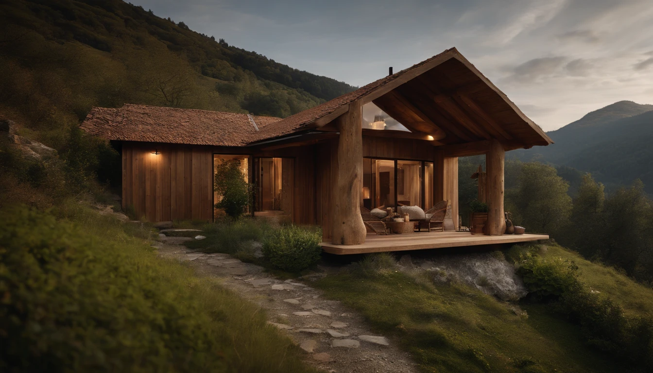A rustic home nestled in the mountains, built with walls of unprocessed tree logs and a roof of clay tiles. The house exudes a deep connection with the surrounding nature. Wooden logs display natural textures, and climbing plants gently hug the walls. The setting is a mountainous landscape, with ancient trees and a babbling brook. Artistic photography, capturing the harmony between the house and its surroundings, using a wide-angle lens to encompass the entire scene