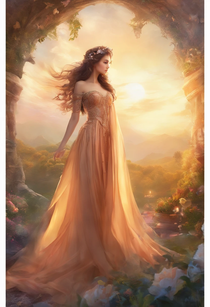 full-length photo Of A Beautiful Woman, Unique long princess
setin Dress, Vibrant, Depth of field, In Beautiful Dress, (( Natural Light)), (( Sunny Day )),(( Beautiful Clear Brown Eyes )), long Brown Hair, (( Unique sunshine Ornament )), In Centre, (( Photorealistic )), DSLR, Highly Detailed, 4k, Extreme Details, Realistic, (( Wide Shot )), full-length photo, full-body shot