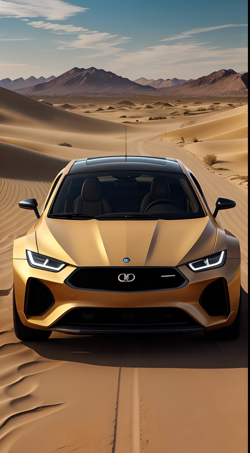 a futuristic car driving in a sand desert, the desert has bumps, there is a balloon in the sky, the image is cinematic, the image pass a velocity and speed sense, the car is cool,the image is a award winner, the image colors are vivid, the image is breath taking, low angle, 4k, the sun is in the sky, clouds, mountains in the background, BREAK modern,4k, ultrarealistic,speed, velocity, badass,