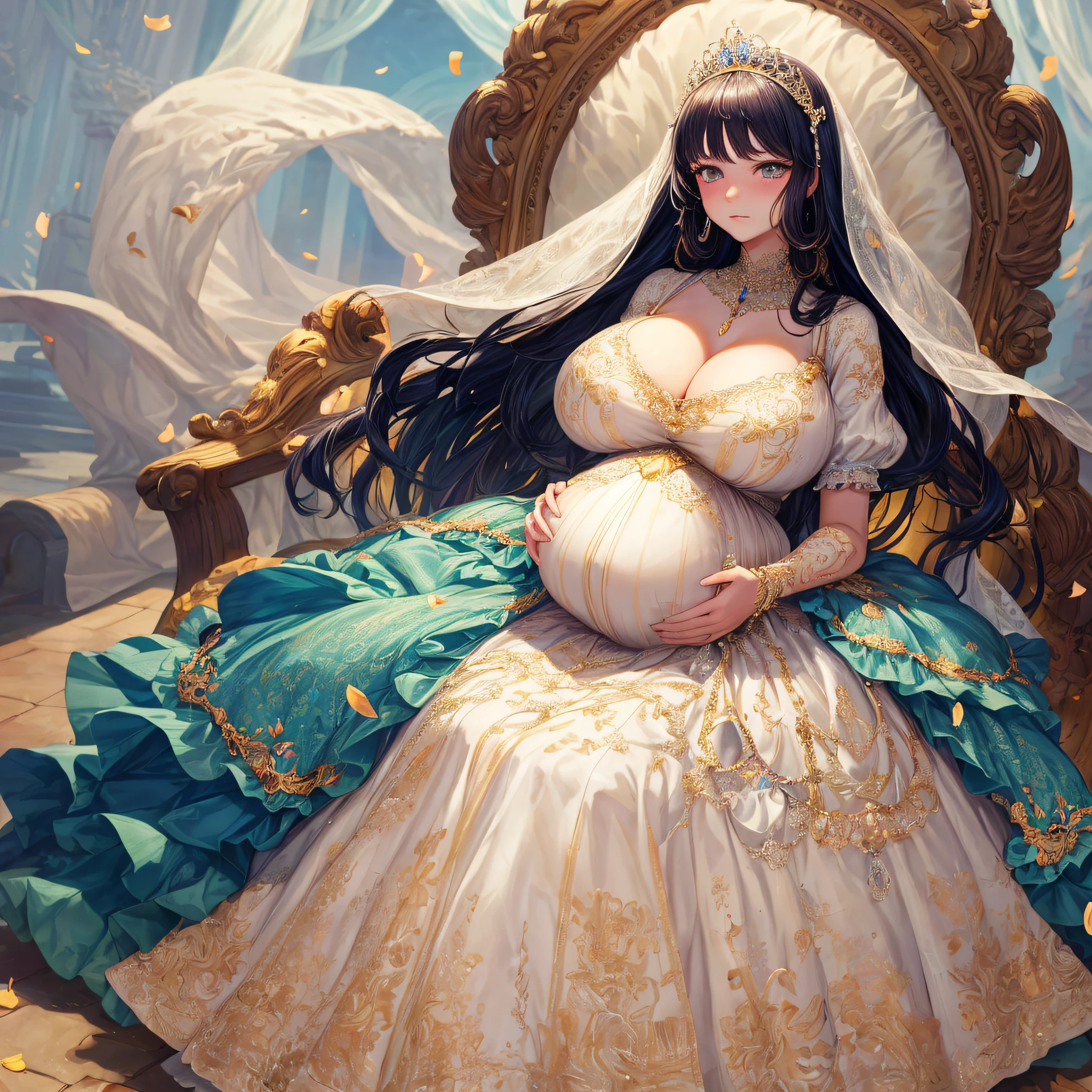 (masterpiece, best quality,extremely detailed:1.1),(moe anime art style:1.2),1girl,((full body,focus face)),((solo)), cute, kawaii,digital art,((1 bling-bling pregnant princess wearing beautiful embroidery and jeweled gorgeous ballgown with jeweled voluminous full length hoop skirt)),(((heavily pregnant))),very big pregnant belly,((crinoline)),long train,voluminous frills,See-through,(gorgeous embroidery and beautiful lace),((very gigantic boobs,skindentation)),cleavage,shiny hair,(((very long hair))),((embarrassed)),anguish,((finely detailed face and eyes)),clear pupil,extremely gorgeousfull hair ornament,(bling-bling jeweled extremely gorgeousfull tiara),(bling-bling gorgeous gemstone jewelry),long veil,beautiful background,fantasy background,flowers,flower petals flowing,full body,((beautiful embroidery and jeweled ruffled gorgeous ballgown with voluminous full length hoop skirt))