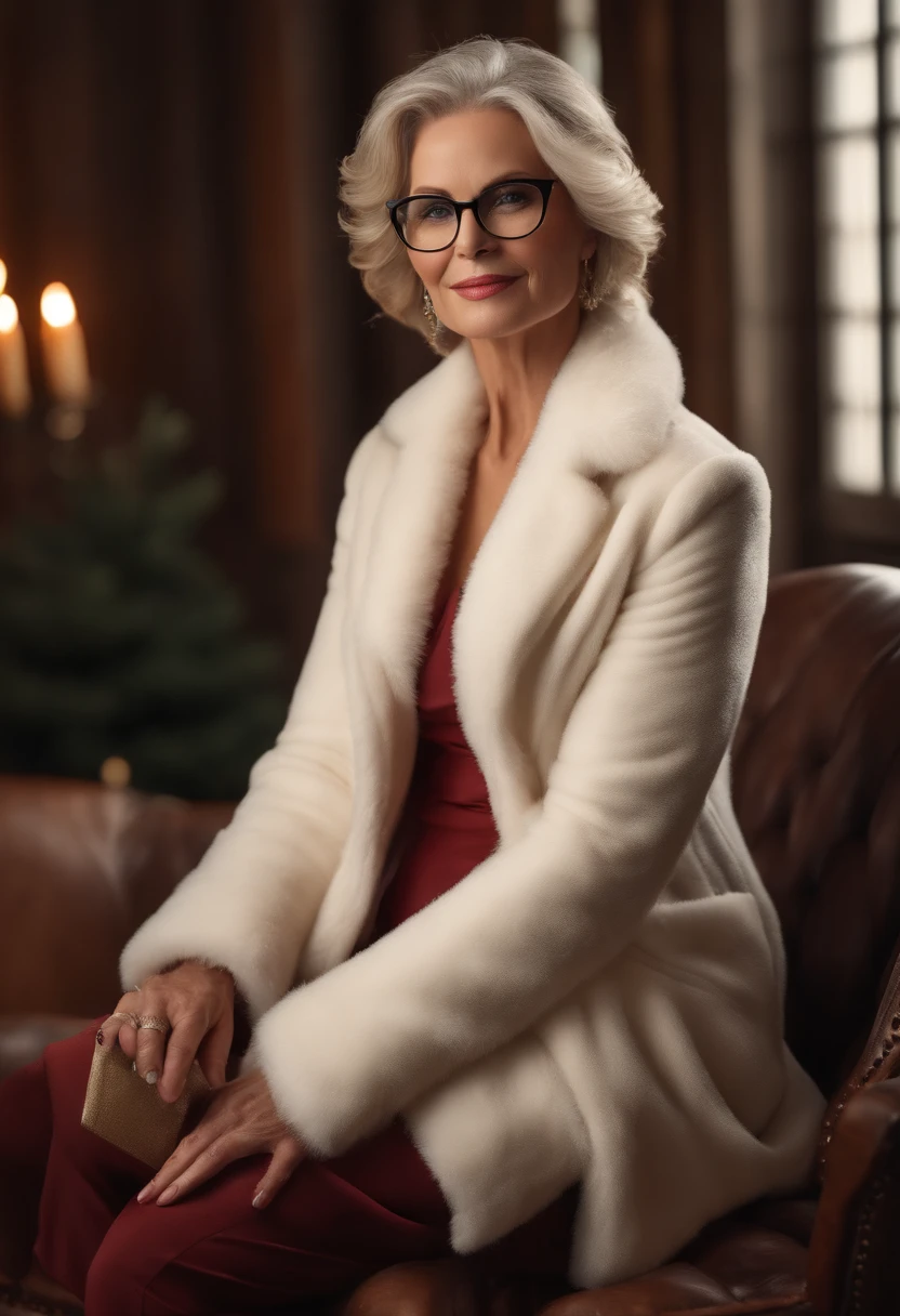 ((60+ year-old)), (beautiful, elegant, graceful, wise, kind, weathered and well-defined facial features, agelines, wrinkles in face) Caucasian female model (stylish black-rimmed glasses, eyes looking directly at the camera), silver-colored hair in glamourous hair style, well-toned, curvaceous body, wearing ((a form-fitting Christmas-themed winter coat (that accentuates her hourglass figure, flares gracefully at the hips) and Christmas-themed attire and knee-high boots (chic, fashionable)), halo lighting effect, golden glow of the North Pole's twilight, dynamic pose), modernized Santa's North Pole toy workshop where technology meets tradition, dynamic camera angle, (dynamic pose), black outline around her, octane 4K, ultra realistic, super high resolution, best quality, masterpiece, depth of field, realistic, photo-realistic, cinematic, dynamic lighting, perfect body, perfect face, perfect hands, detailed eyes, best quality, masterpiece, super detailed, High detail RAW photo, professional photograph, ultra-detailed, color grading, extremely detailed, 8k,perfect body, perfect face, ((full body shot)), widescreen, wide angle, zoomed out
