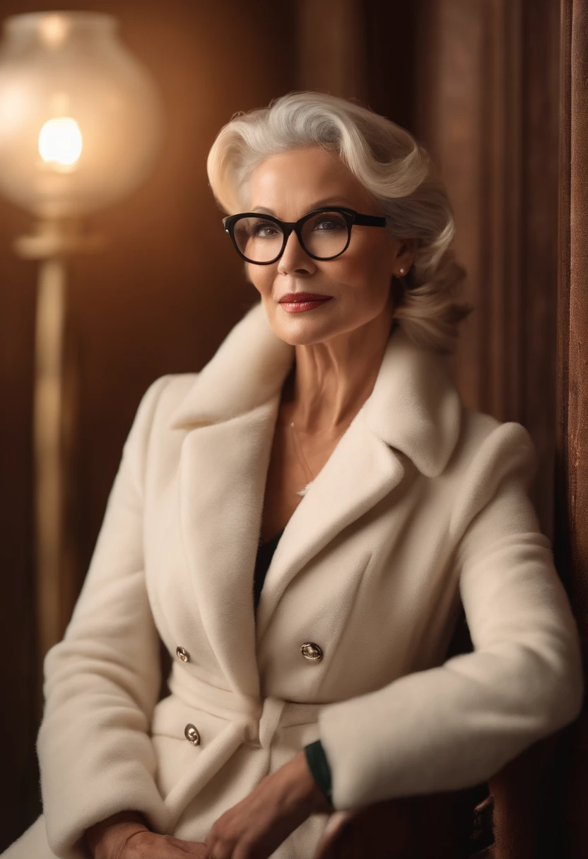 ((60+ year-old)), (beautiful, elegant, graceful, wise, kind, weathered and well-defined facial features, agelines, wrinkles in face) Caucasian female model (stylish black-rimmed glasses, eyes looking directly at the camera), silver-colored hair in glamourous hair style, well-toned, curvaceous body, wearing ((a form-fitting Christmas-themed winter coat (that accentuates her hourglass figure, flares gracefully at the hips) and Christmas-themed attire and knee-high boots (chic, fashionable)), halo lighting effect, golden glow of the North Pole's twilight, dynamic pose), modernized Santa's North Pole toy workshop where technology meets tradition, dynamic camera angle, (dynamic pose), black outline around her, octane 4K, ultra realistic, super high resolution, best quality, masterpiece, depth of field, realistic, photo-realistic, cinematic, dynamic lighting, perfect body, perfect face, perfect hands, detailed eyes, best quality, masterpiece, super detailed, High detail RAW photo, professional photograph, ultra-detailed, color grading, extremely detailed, 8k,perfect body, perfect face, ((full body shot)), widescreen, wide angle, zoomed out