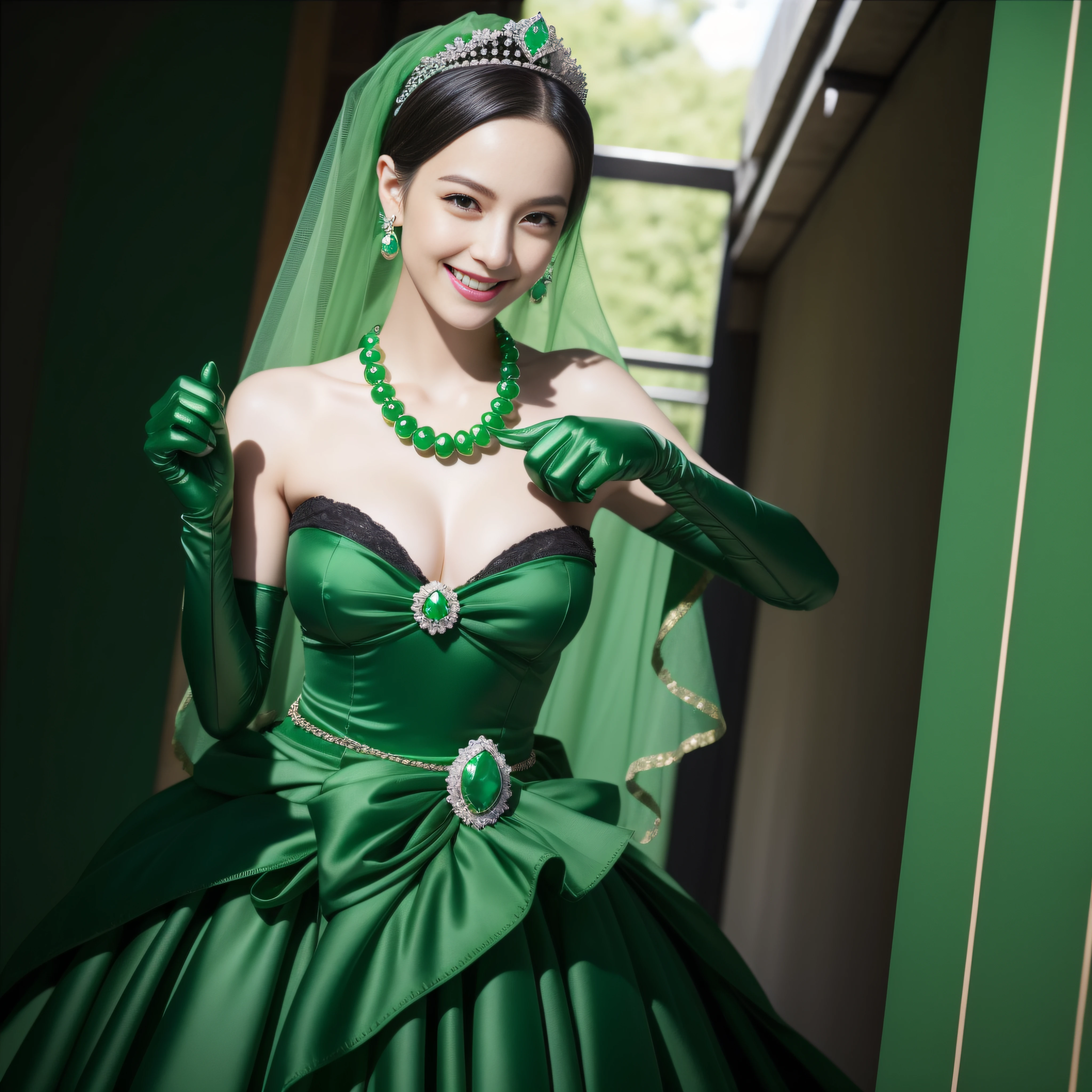 emerald tiara, Green Pearl Necklace, Boyish very short black hair, lipsticks, Japan woman smiling, very short short hair, fist, big breasts beautiful, Green eyes, Long green gloves made of satin material, Green eyes, Emerald earrings