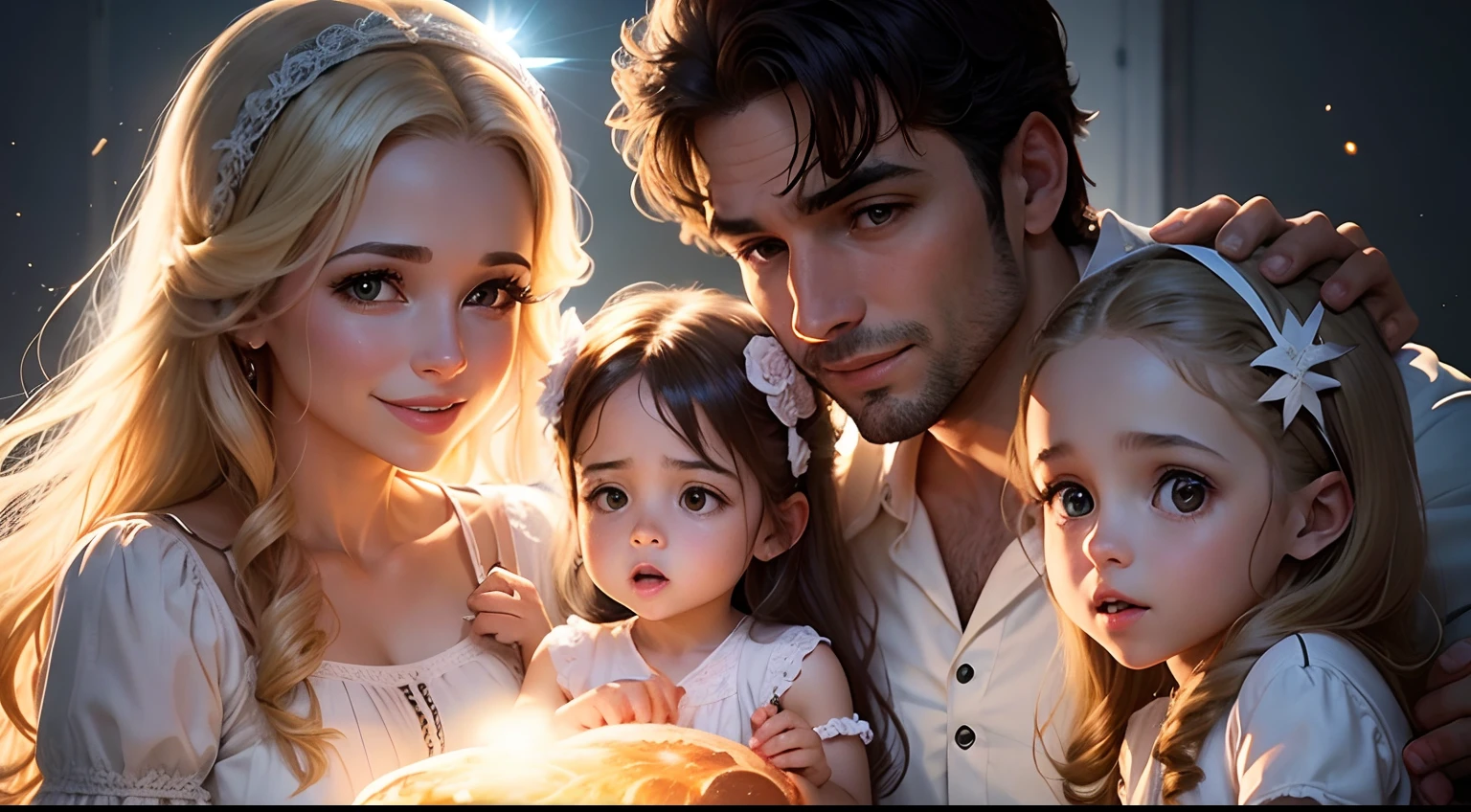 imagem de uma familia crista em seu lar iluminado, serenos e rezando