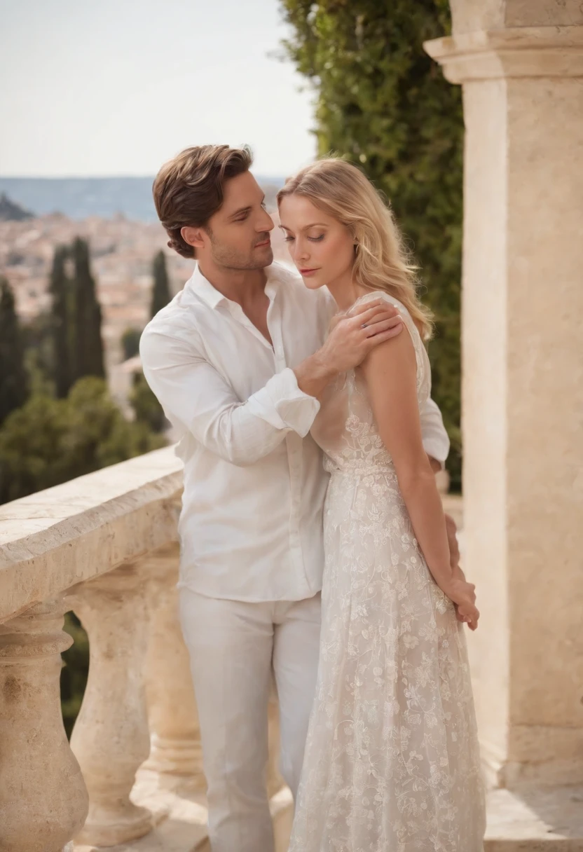 The scene takes place on a balcony of a palace in Nice. A man with a young woman in her thirties. Elle est blonde, porte une mini jupe. He has light clothes, light long pants. Ils sont amoureux. The scene should look like a sentimental book cover, from novel to rosewater.