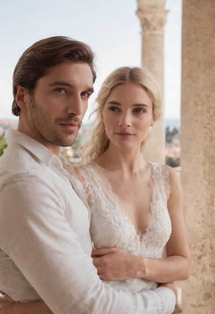 The scene takes place on a balcony of a palace in Nice. A man with a young woman in her thirties. Elle est blonde, porte une mini jupe. He has light clothes, light long pants. Ils sont amoureux. The scene should look like a sentimental book cover, from novel to rosewater.