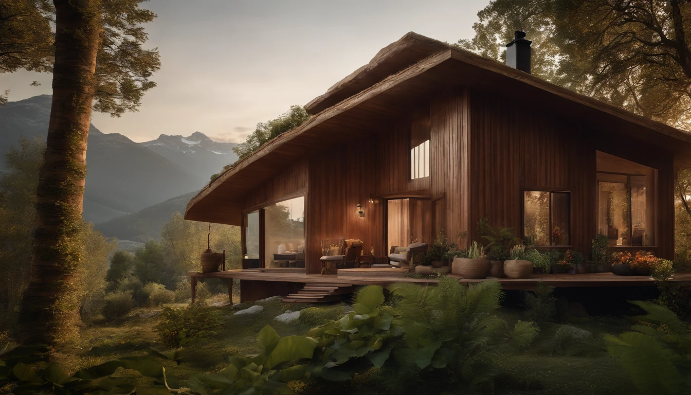 A rustic home nestled in the mountains, built with walls of unprocessed tree logs and a roof of clay tiles. The house exudes a deep connection with the surrounding nature. Wooden logs display natural textures, and climbing plants gently hug the walls. The setting is a mountainous landscape, with ancient trees and a babbling brook. Artistic photography, capturing the harmony between the house and its surroundings, using a wide-angle lens to encompass the entire scene