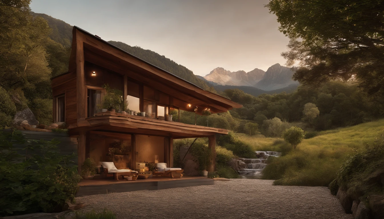 A rustic home nestled in the mountains, built with walls of unprocessed tree logs and a roof of clay tiles. The house exudes a deep connection with the surrounding nature. Wooden logs display natural textures, and climbing plants gently hug the walls. The setting is a mountainous landscape, with ancient trees and a babbling brook. Artistic photography, capturing the harmony between the house and its surroundings, using a wide-angle lens to encompass the entire scene