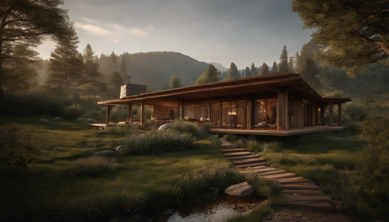 A rustic home nestled in the mountains, built with walls of unprocessed tree logs and a roof of clay tiles. The house exudes a deep connection with the surrounding nature. Wooden logs display natural textures, and climbing plants gently hug the walls. The setting is a mountainous landscape, with ancient trees and a babbling brook. Artistic photography, capturing the harmony between the house and its surroundings, using a wide-angle lens to encompass the entire scene