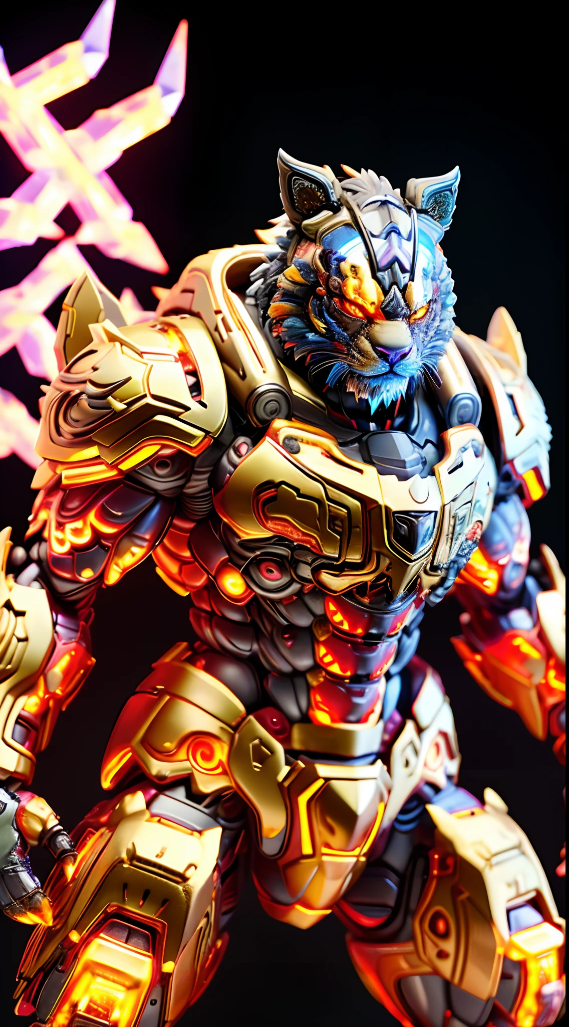 CHINESE TIGER, TIGER HEAD, HETEROCHROMIA EYE, CRYSTAL HEAVY ARMOR, TRANSPARANT, MUSCLE BODY.