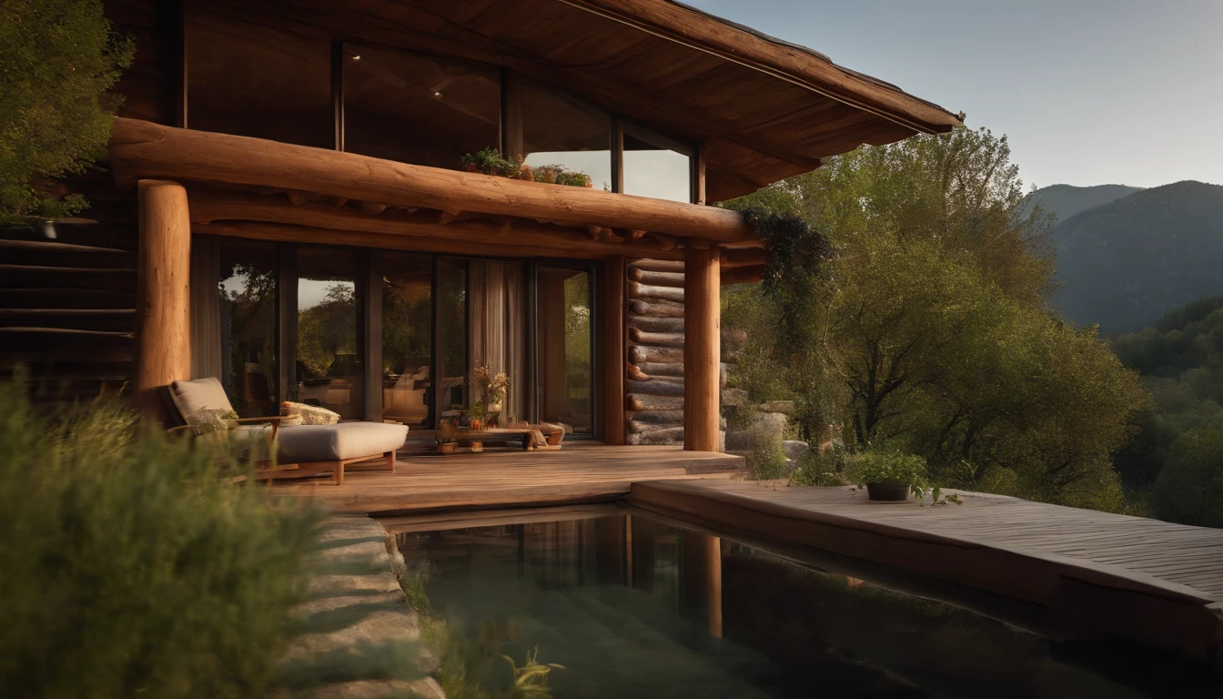 A rustic home nestled in the mountains, built with walls of unprocessed tree logs and a roof of clay tiles. The house exudes a deep connection with the surrounding nature. Wooden logs display natural textures, and climbing plants gently hug the walls. The setting is a mountainous landscape, with ancient trees and a babbling brook. Artistic photography, capturing the harmony between the house and its surroundings, using a wide-angle lens to encompass the entire scene