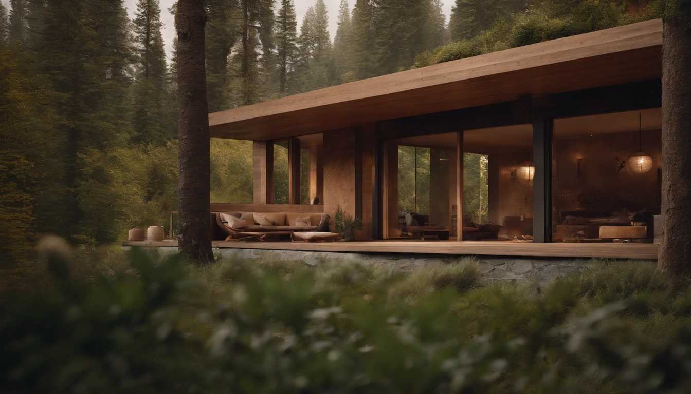 A rustic home nestled in the mountains, built with walls of unprocessed tree logs and a roof of clay tiles. The house exudes a deep connection with the surrounding nature. Wooden logs display natural textures, and climbing plants gently hug the walls. The setting is a mountainous landscape, with ancient trees and a babbling brook. Artistic photography, capturing the harmony between the house and its surroundings, using a wide-angle lens to encompass the entire scene