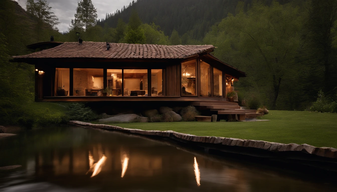 A rustic home nestled in the mountains, built with walls of unprocessed tree logs and a roof of clay tiles. The house exudes a deep connection with the surrounding nature. Wooden logs display natural textures, and climbing plants gently hug the walls. The setting is a mountainous landscape, with ancient trees and a babbling brook. Artistic photography, capturing the harmony between the house and its surroundings, using a wide-angle lens to encompass the entire scene