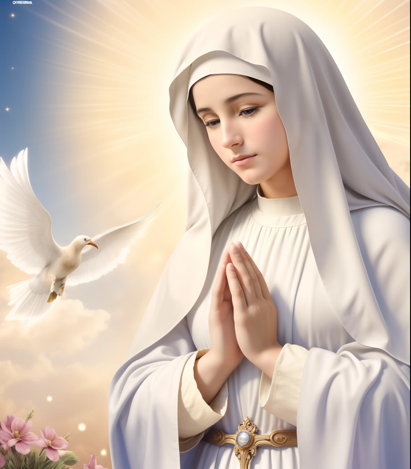 (((Blessed Virgin Mary of Mount Carmel))) Luminoso, en estilo similar al del artista WILLIAM ADOLPHE BOUGUEREAU, obra maestra, (La mejor calidad: 1.2), (super fine: 1.2), illustration, (extremadamente delicado y hermoso: 1.2), movie angle, flotante, (Hermoso ojo de detalle: 1.1), (detalle luz: 1.1), Movie Lights, Cielo delicado, ojos azules, (Cola de caballo alta: 1.1), capa, ojuelos, cielo estrellado, (light particles: 1.1) dibujo, flor. (obra maestra), (La mejor calidad), (fotorrealista:1.3), 8k, Textura detallada de la piel, Textura detallada de la tela, hermosa cara detallada, Detalles intrincados, ultra detallado (cuerpo de cuerpo entero:1.2)