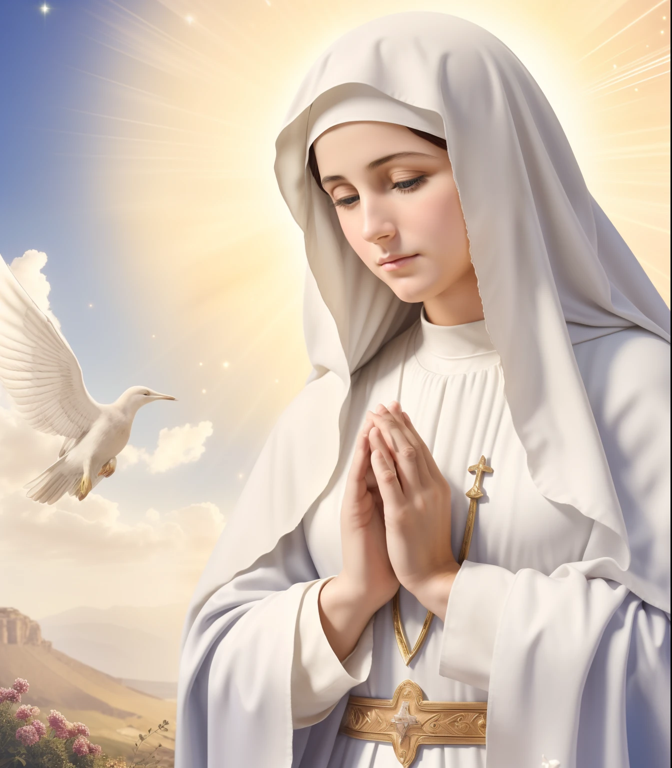 (((Blessed Virgin Mary of Mount Carmel))) Luminoso, en estilo similar al del artista WILLIAM ADOLPHE BOUGUEREAU, obra maestra, (La mejor calidad: 1.2), (super fine: 1.2), illustration, (extremadamente delicado y hermoso: 1.2), movie angle, flotante, (Hermoso ojo de detalle: 1.1), (detalle luz: 1.1), Movie Lights, Cielo delicado, ojos azules, (Cola de caballo alta: 1.1), capa, ojuelos, cielo estrellado, (light particles: 1.1) dibujo, flor. (obra maestra), (La mejor calidad), (fotorrealista:1.3), 8k, Textura detallada de la piel, Textura detallada de la tela, hermosa cara detallada, Detalles intrincados, ultra detallado (cuerpo de cuerpo entero:1.2)
