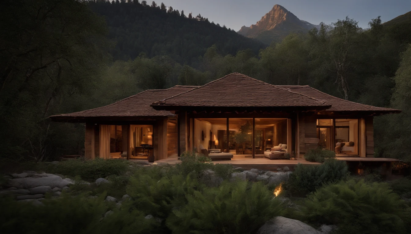 A rustic home nestled in the mountains, built with walls of unprocessed tree logs and a roof of clay tiles. The house exudes a deep connection with the surrounding nature. Wooden logs display natural textures, and climbing plants gently hug the walls. The setting is a mountainous landscape, with ancient trees and a babbling brook. Artistic photography, capturing the harmony between the house and its surroundings, using a wide-angle lens to encompass the entire scene