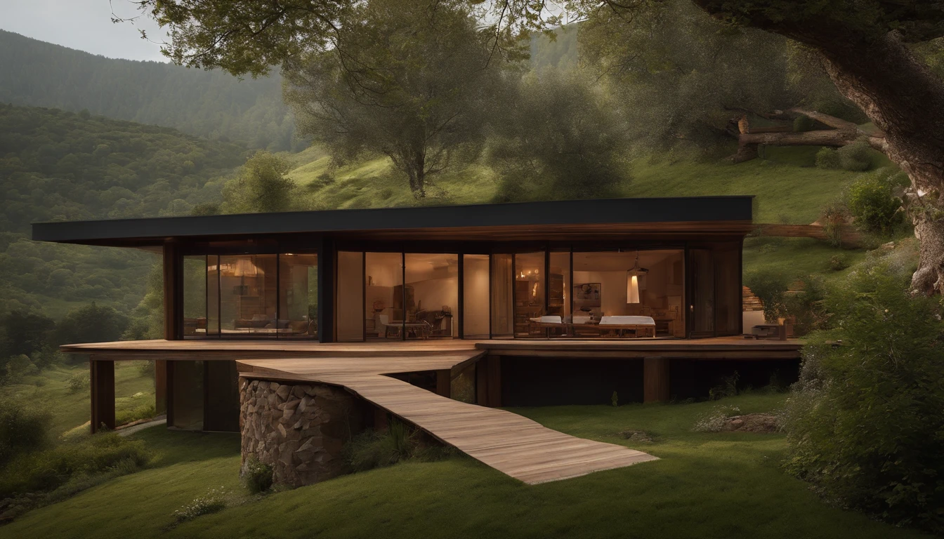 A rustic home nestled in the mountains, built with walls of unprocessed tree logs and a roof of clay tiles. The house exudes a deep connection with the surrounding nature. Wooden logs display natural textures, and climbing plants gently hug the walls. The setting is a mountainous landscape, with ancient trees and a babbling brook. Artistic photography, capturing the harmony between the house and its surroundings, using a wide-angle lens to encompass the entire scene