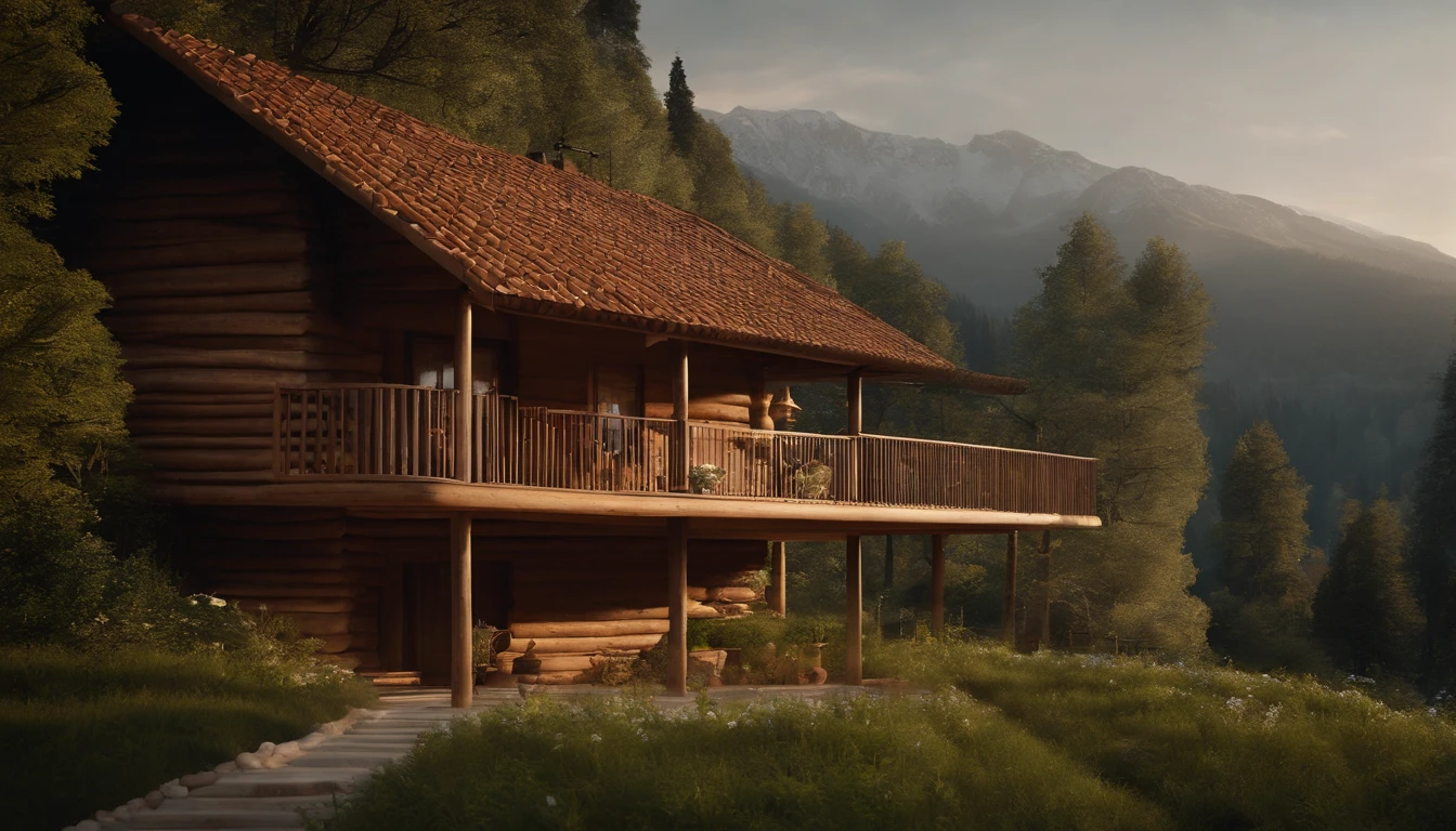 A rustic home nestled in the mountains, built with walls of unprocessed tree logs and a roof of clay tiles. The house exudes a deep connection with the surrounding nature. Wooden logs display natural textures, and climbing plants gently hug the walls. The setting is a mountainous landscape, with ancient trees and a babbling brook. Artistic photography, capturing the harmony between the house and its surroundings, using a wide-angle lens to encompass the entire scene