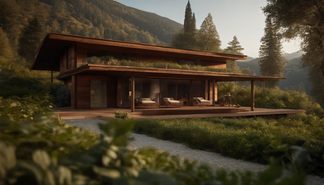 A rustic home nestled in the mountains, built with walls of unprocessed tree logs and a roof of clay tiles. The house exudes a deep connection with the surrounding nature. Wooden logs display natural textures, and climbing plants gently hug the walls. The setting is a mountainous landscape, with ancient trees and a babbling brook. Artistic photography, capturing the harmony between the house and its surroundings, using a wide-angle lens to encompass the entire scene