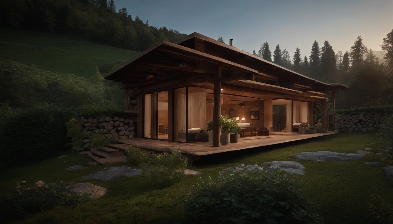 A rustic home nestled in the mountains, built with walls of unprocessed tree logs and a roof of clay tiles. The house exudes a deep connection with the surrounding nature. Wooden logs display natural textures, and climbing plants gently hug the walls. The setting is a mountainous landscape, with ancient trees and a babbling brook. Artistic photography, capturing the harmony between the house and its surroundings, using a wide-angle lens to encompass the entire scene