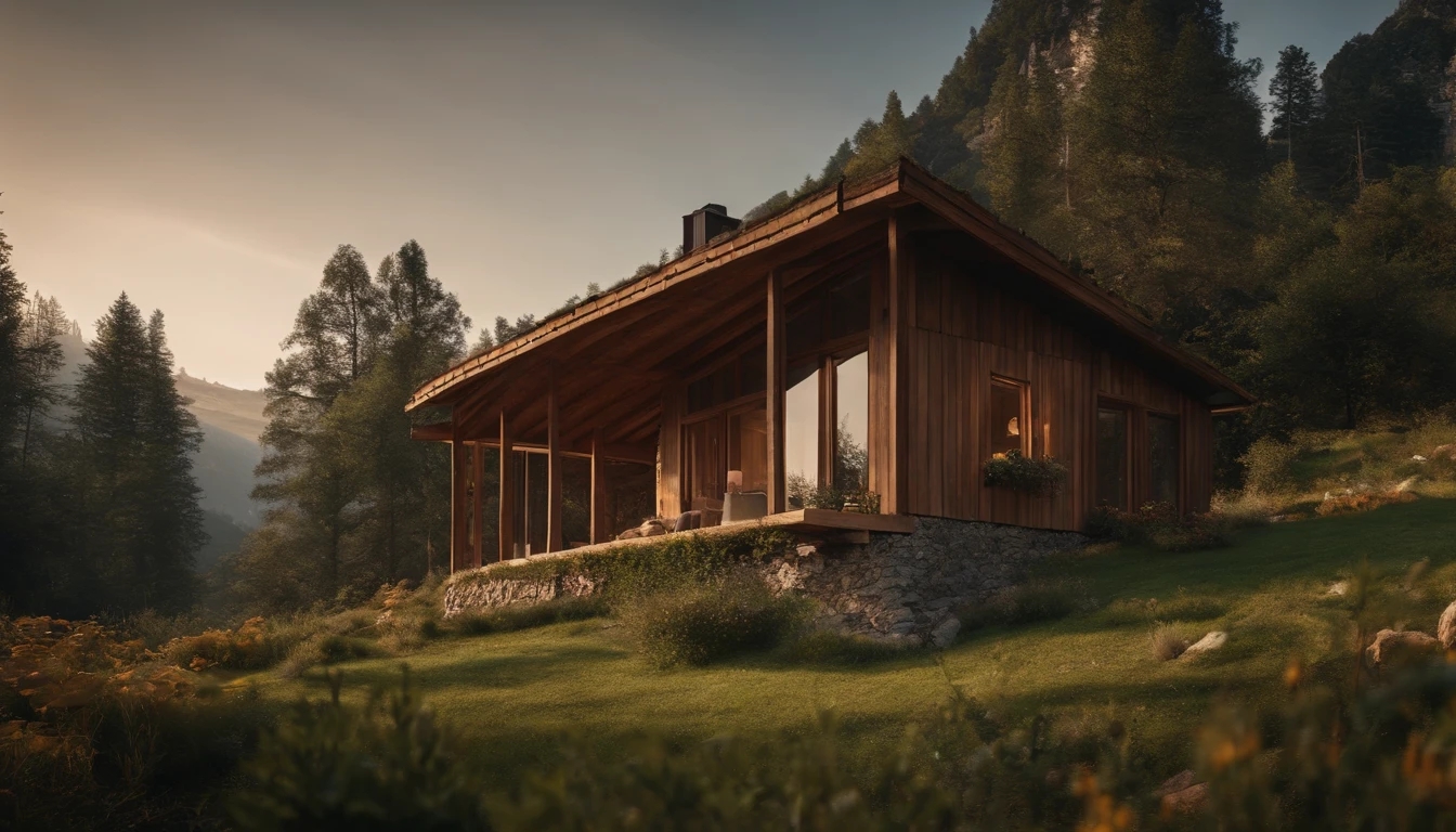 A rustic home nestled in the mountains, built with walls of unprocessed tree logs and a roof of clay tiles. The house exudes a deep connection with the surrounding nature. Wooden logs display natural textures, and climbing plants gently hug the walls. The setting is a mountainous landscape, with ancient trees and a babbling brook. Artistic photography, capturing the harmony between the house and its surroundings, using a wide-angle lens to encompass the entire scene