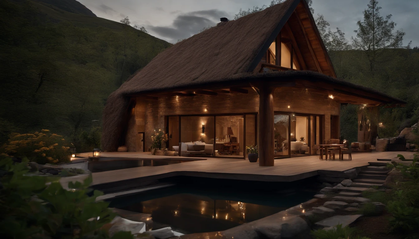A rustic home nestled in the mountains, built with walls of unprocessed tree logs and a roof of clay tiles. The house exudes a deep connection with the surrounding nature. Wooden logs display natural textures, and climbing plants gently hug the walls. The setting is a mountainous landscape, with ancient trees and a babbling brook. Artistic photography, capturing the harmony between the house and its surroundings, using a wide-angle lens to encompass the entire scene