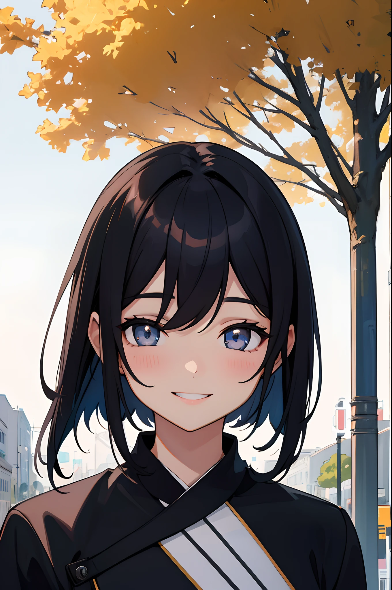 1girl in、cabelos preto e longos、A smile、Meet in front of street trees
