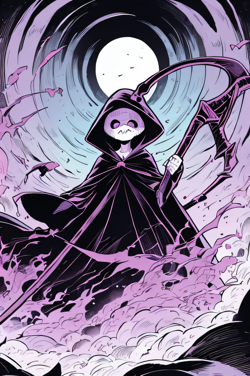 Cute Grim Reaper with a Scythe、bones、bones、bones、Purple Flame、cute little、Bat
