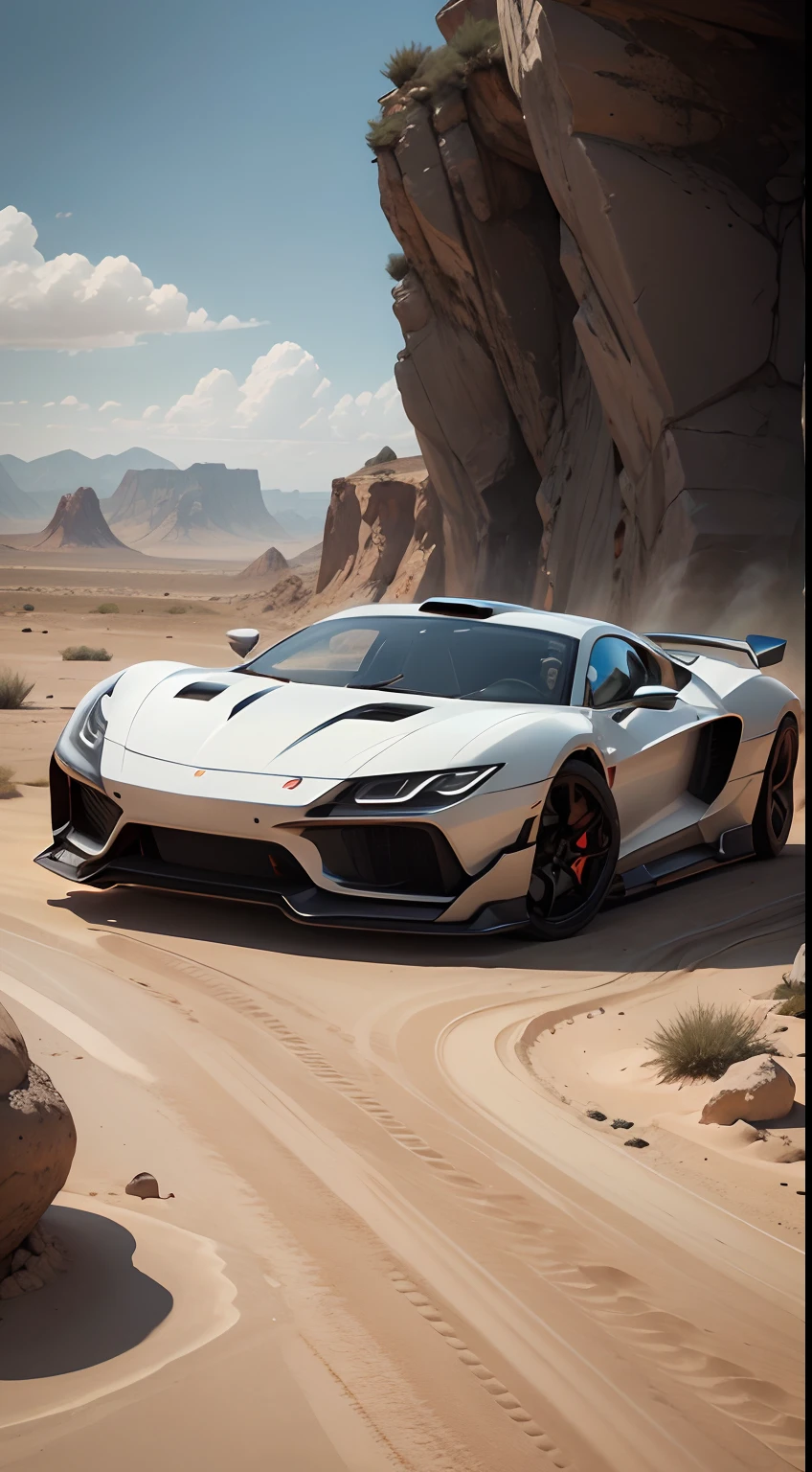a futuristic car driving in a sand desert, the desert has bumps, there is a balloon in the sky, the image is cinematic, the image pass a velocity and speed sense, the car is cool,the image is a award winner, the image colors are vivid, the image is breath taking, low angle, 4k, the sun is in the sky, clouds, mountains and valleys in the background, the setting is hot, there birds in yhe sky, bushes on the ground, sand, BREAK modern,4k, ultrarealistic,speed, velocity, badass, wind, 1car, alone, solo