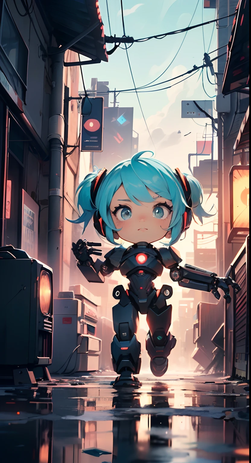 (((TV robot with mechanical arms and legs))),
(((tiny little robot chibi))) with ((((TV head)))). He has (((shaped like a cube with mechanical arms and legs))),and a (((screen on his face))) that displays emoticons and coded messages,Strange head, black tv head,detailed TV head,intricate robot,
(((Object_head,televison_head))),
(dynamic pose:1.0),solo focus,(centered,scale to fit dimensions,Rule of thirds),
cyberpunk city by the ocean at night, with bright neon signs and dark stormy clouds and puddles, scenery:1.25,
artistic photography,(photography taken by sldr),highres, sharp focus, (ultra detailed, extremely detailed), (photorealistic artwork:1.37),(extremely detailed CG unity 8k wallpaper),((synthwave background theme)),(((vibrant colors))),(intricate background),(masterpiece),(best quality)
