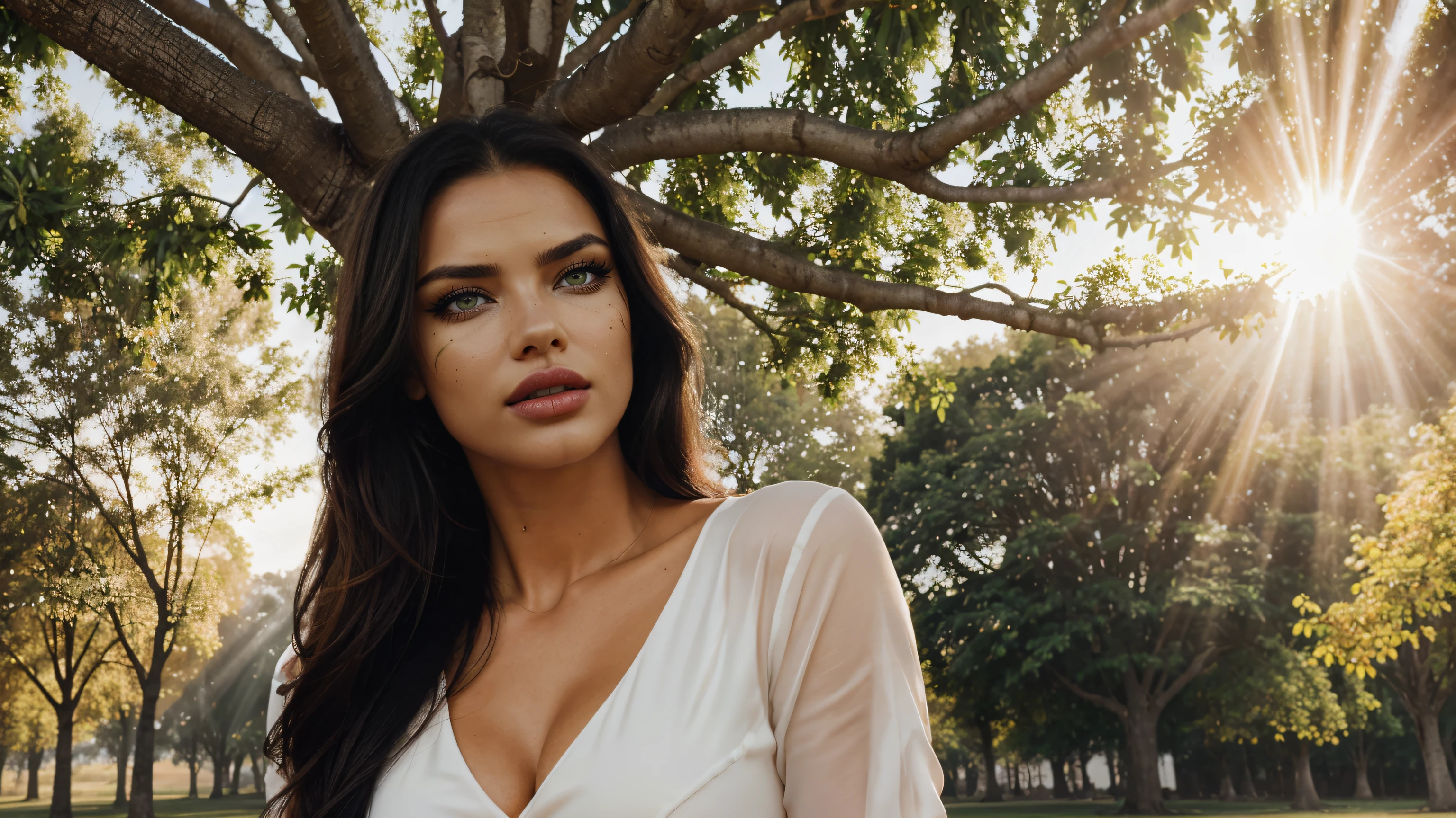 adriana lima, (eyeliner), (matte lipstick), vestido longo branco, ((park)), ((rosto insanamente detalhado)), (((fotografia 4k))), (orange sky, afternoon), (((sun rays passing through a tree)))