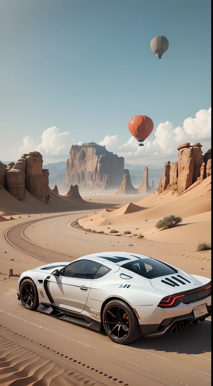 a futuristic car driving in a sand desert, the desert has bumps, there is a balloon in the sky, the image is cinematic, the image pass a velocity and speed sense, the car is cool,the image is a award winner, the image colors are vivid, the image is breath taking, low angle, 4k, the sun is in the sky, clouds, mountains and valleys in the background, the setting is hot, there birds in yhe sky, bushes on the ground, sand, BREAK modern,4k, ultrarealistic,speed, velocity, badass, wind, 1car, alone, solo, high view, drone view, sand trail