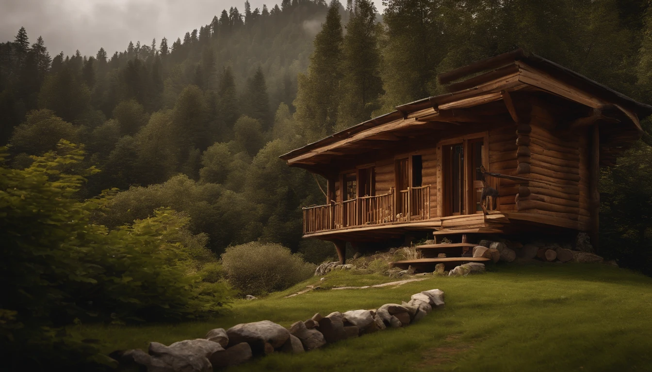 A rustic home nestled in the mountains, built with walls of unprocessed tree logs and a roof of clay tiles. The house exudes a deep connection with the surrounding nature. Wooden logs display natural textures, and climbing plants gently hug the walls. The setting is a mountainous landscape, with ancient trees and a babbling brook. Artistic photography, capturing the harmony between the house and its surroundings, using a wide-angle lens to encompass the entire scene