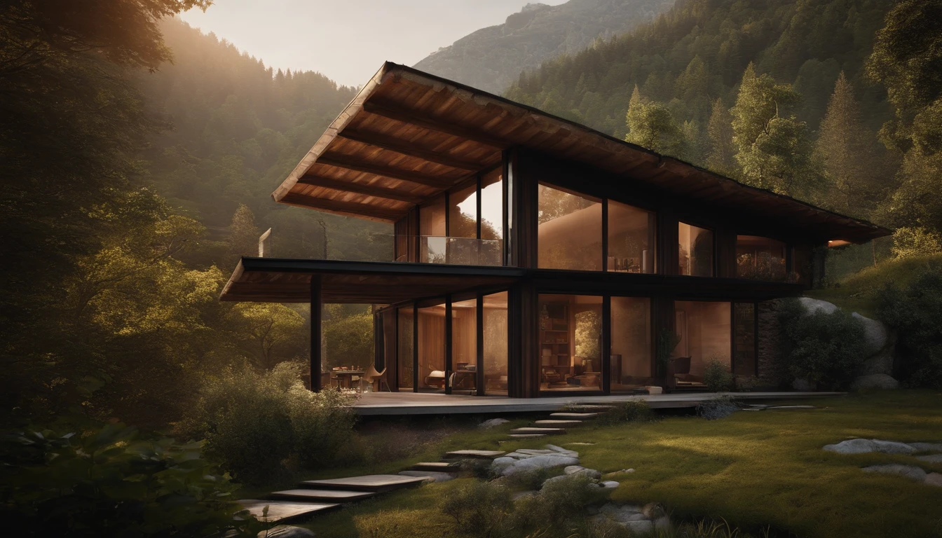 A rustic home nestled in the mountains, built with walls of unprocessed tree logs and a roof of clay tiles. The house exudes a deep connection with the surrounding nature. Wooden logs display natural textures, and climbing plants gently hug the walls. The setting is a mountainous landscape, with ancient trees and a babbling brook. Artistic photography, capturing the harmony between the house and its surroundings, using a wide-angle lens to encompass the entire scene