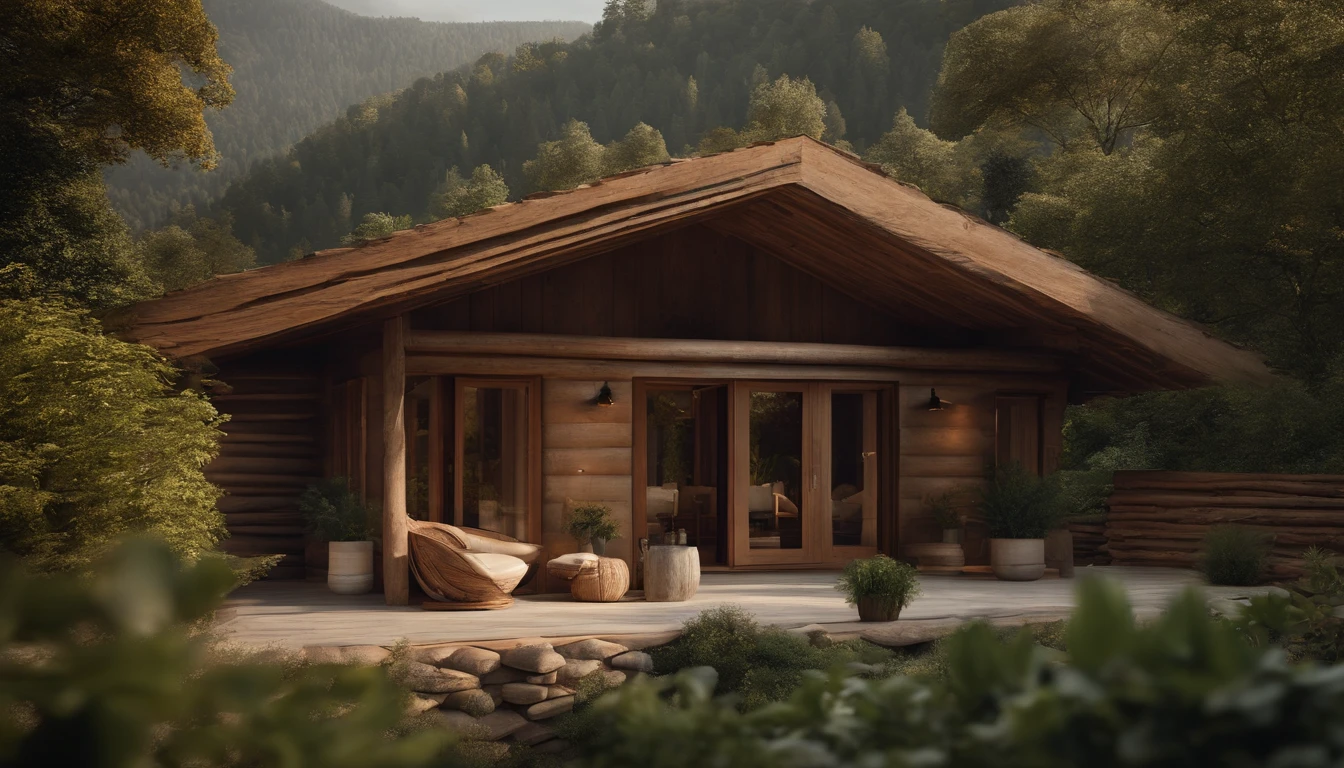 A rustic home nestled in the mountains, built with walls of unprocessed tree logs and a roof of clay tiles. The house exudes a deep connection with the surrounding nature. Wooden logs display natural textures, and climbing plants gently hug the walls. The setting is a mountainous landscape, with ancient trees and a babbling brook. Artistic photography, capturing the harmony between the house and its surroundings, using a wide-angle lens to encompass the entire scene