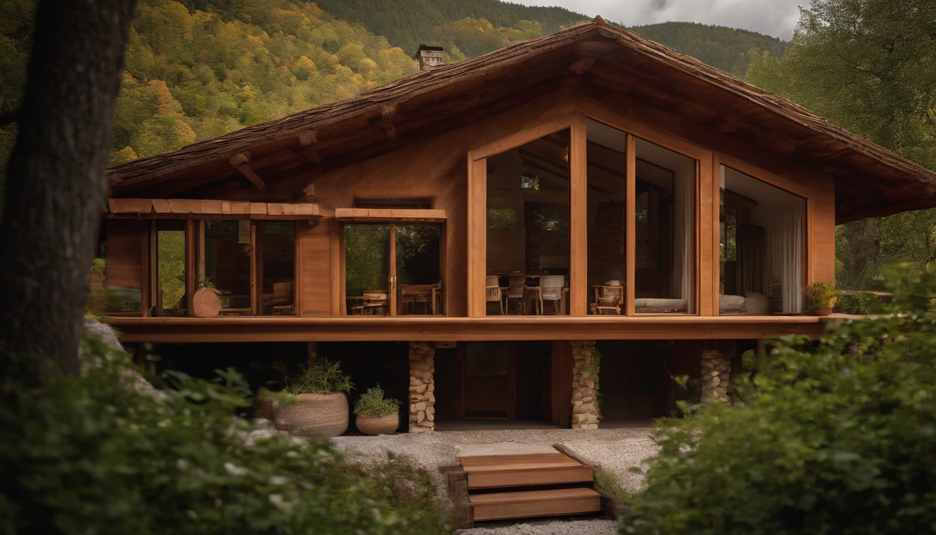 A rustic home nestled in the mountains, built with walls of unprocessed tree logs and a roof of clay tiles. The house exudes a deep connection with the surrounding nature. Wooden logs display natural textures, and climbing plants gently hug the walls. The setting is a mountainous landscape, with ancient trees and a babbling brook. Artistic photography, capturing the harmony between the house and its surroundings, using a wide-angle lens to encompass the entire scene