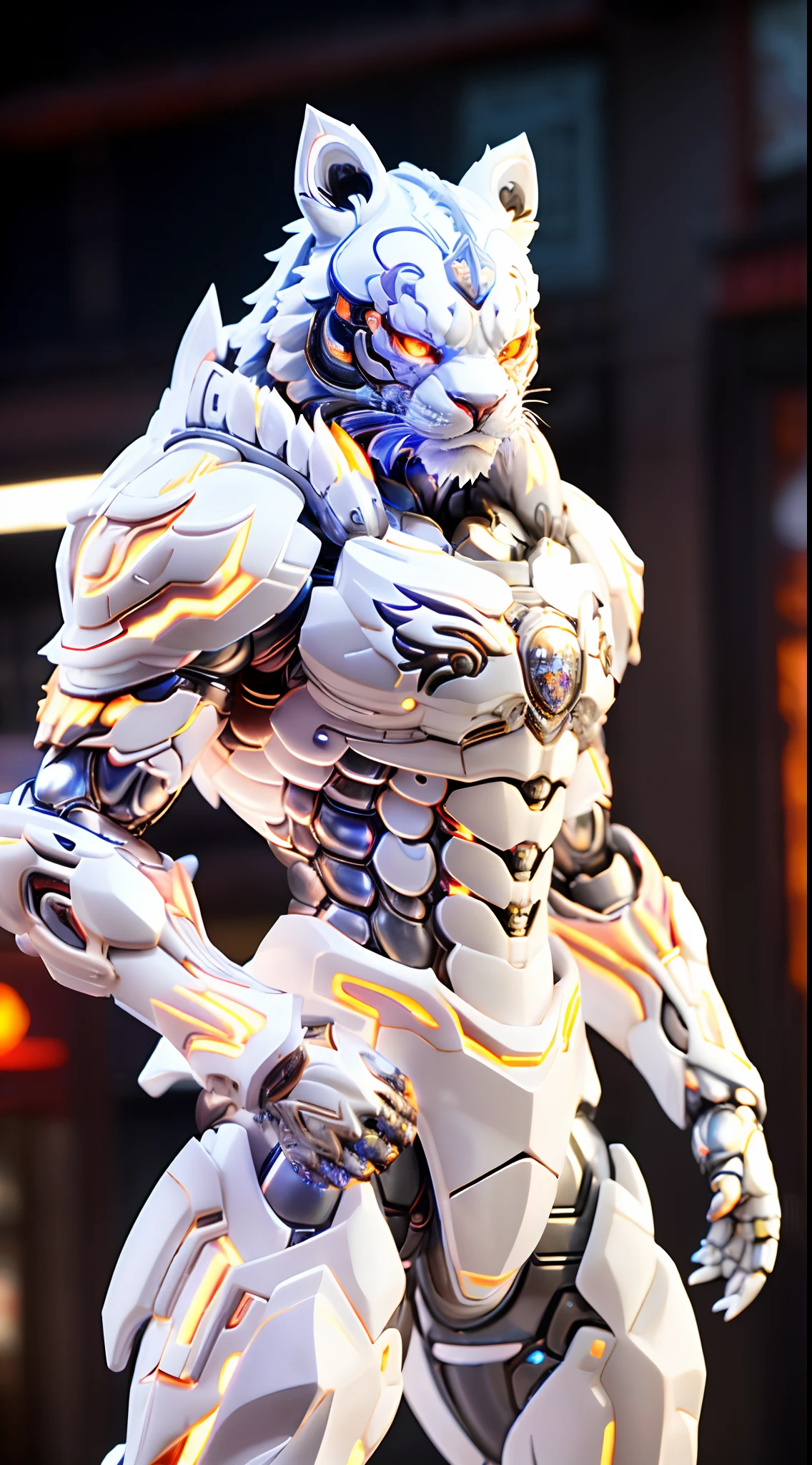 CHINESE TIGER, WHITE TIGER HEAD, HETEROCHROMIA EYE, CRYSTAL HEAVY ARMOR, TRANSPARANT, MUSCLE BODY.