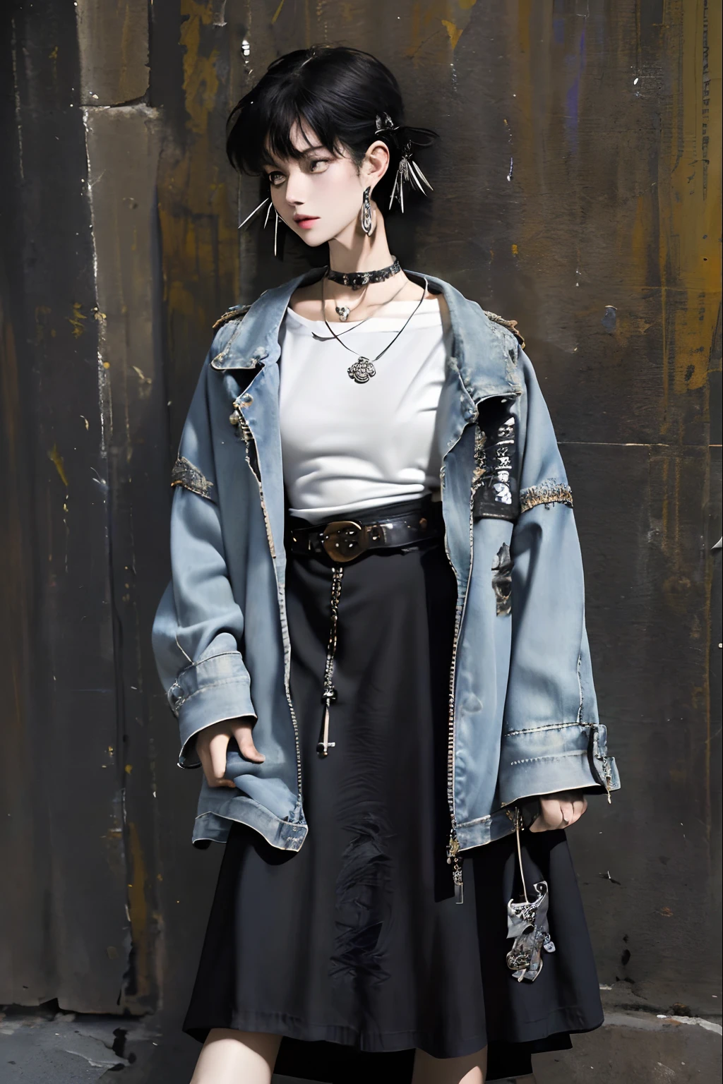 (masterpiece:1.2, best quality), (1lady, solo, upper body:1.2), Hair: short carre cut, Clothing: oversized, distressed denim jacket with patches and pins, paired with black skinny jeans and combat boots, Accessories: silver hoop earrings and a black choker necklace, Hanging out in an underground music venue or street art exhibit