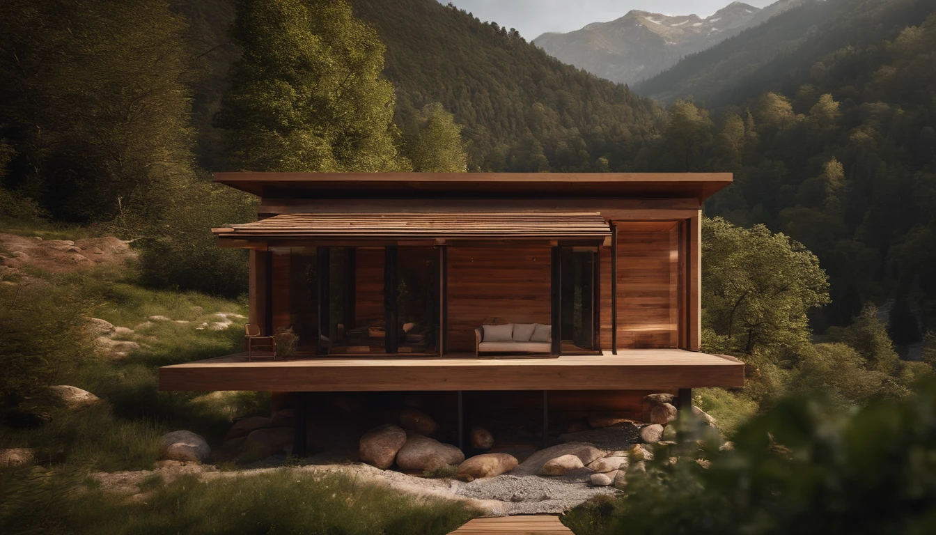 A rustic home nestled in the mountains, built with walls of unprocessed tree logs and a roof of clay tiles. The house exudes a deep connection with the surrounding nature. Wooden logs display natural textures, and climbing plants gently hug the walls. The setting is a mountainous landscape, with ancient trees and a babbling brook. Artistic photography, capturing the harmony between the house and its surroundings, using a wide-angle lens to encompass the entire scene