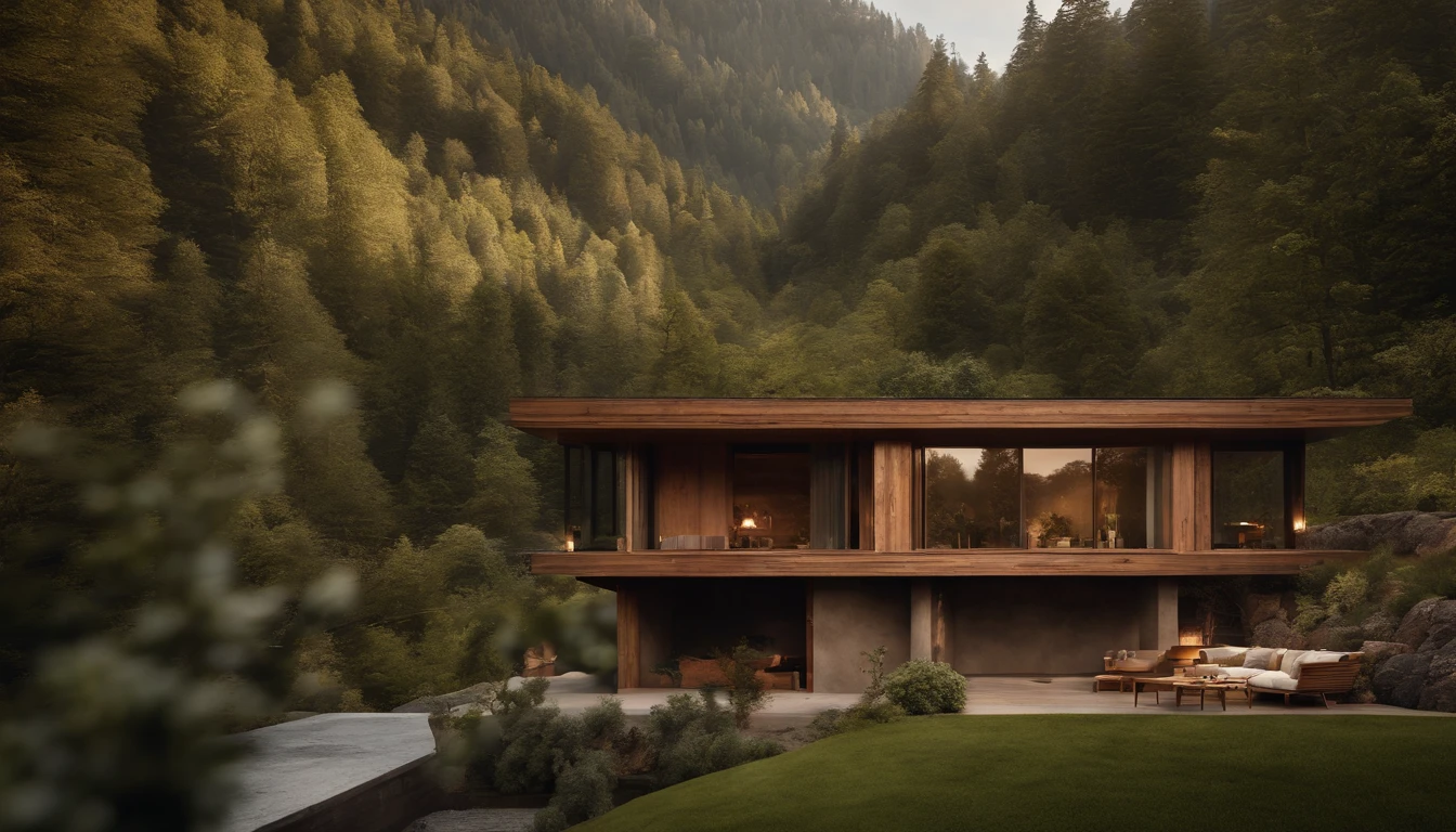 A rustic home nestled in the mountains, built with walls of unprocessed tree logs and a roof of clay tiles. The house exudes a deep connection with the surrounding nature. Wooden logs display natural textures, and climbing plants gently hug the walls. The setting is a mountainous landscape, with ancient trees and a babbling brook. Artistic photography, capturing the harmony between the house and its surroundings, using a wide-angle lens to encompass the entire scene