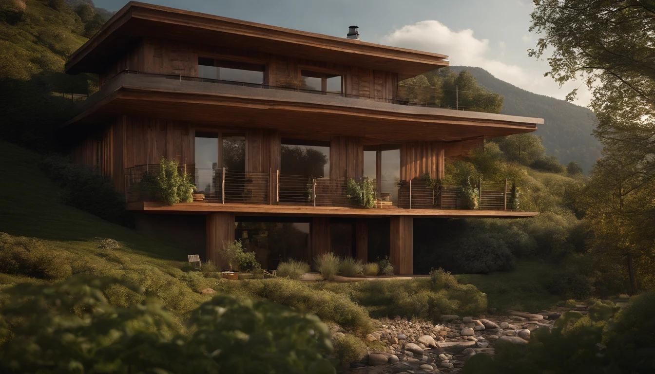A rustic home nestled in the mountains, built with walls of unprocessed tree logs and a roof of clay tiles. The house exudes a deep connection with the surrounding nature. Wooden logs display natural textures, and climbing plants gently hug the walls. The setting is a mountainous landscape, with ancient trees and a babbling brook. Artistic photography, capturing the harmony between the house and its surroundings, using a wide-angle lens to encompass the entire scene