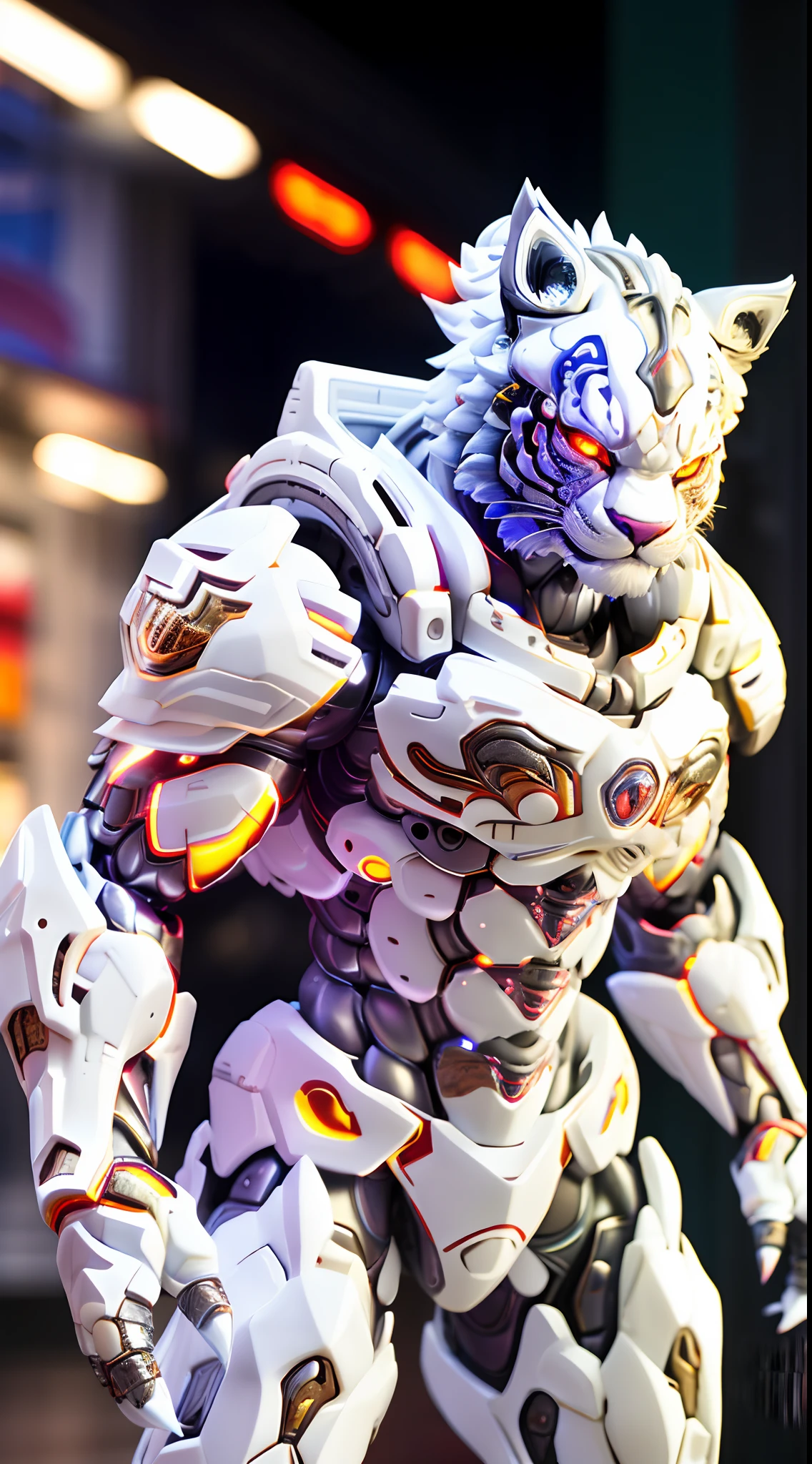 CHINESE TIGER, WHITE TIGER HEAD, HETEROCHROMIA EYE, CRYSTAL HEAVY ARMOR, TRANSPARANT, MUSCLE BODY.
