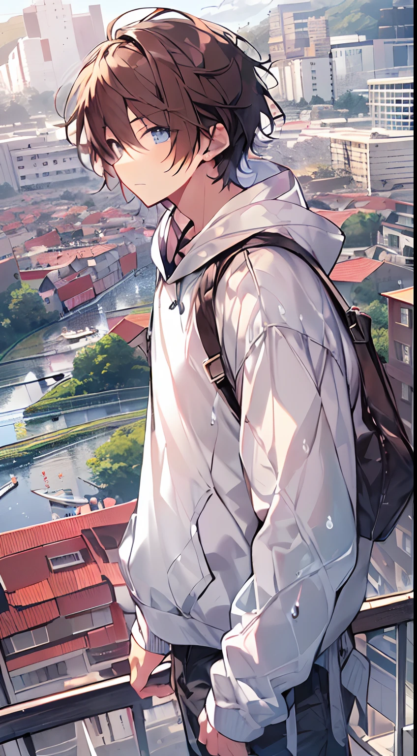 masutepiece, Best Quality,Illustration, Wallpaper, Ultra Detail, absurderes, 1boy in, Solo, (Medium short hair), Beautiful detailed eyes, after rain , (Street:1.3), Bright sky after rain、Hair that flutters in the wind,(a panoramic view:1.3),(Sense of depth:1.5),(longshot:1.3), wearing white hoodie, brown hair