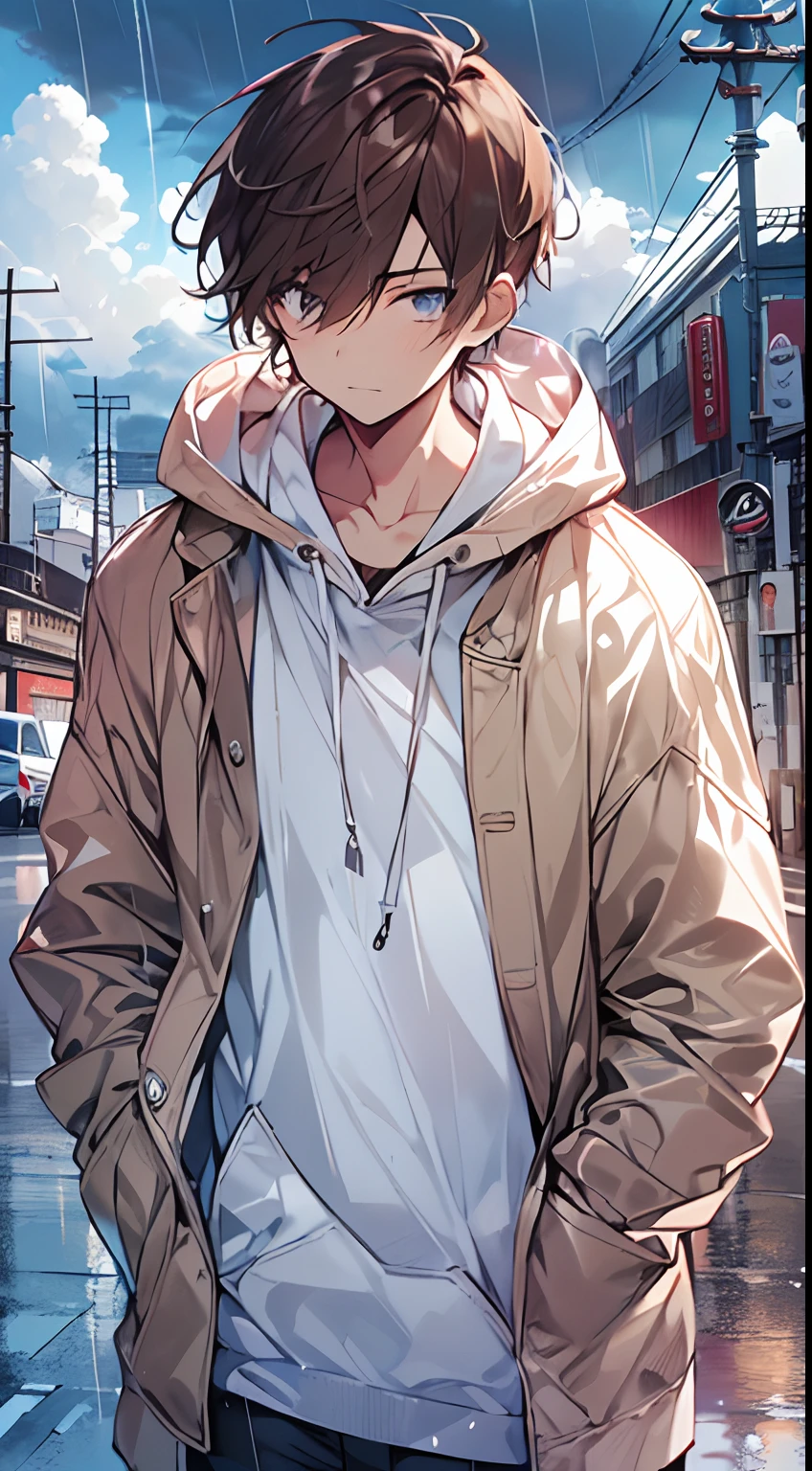 masutepiece, Best Quality,Illustration, Wallpaper, Ultra Detail, absurderes, 1boy in, Solo, (Medium short hair), Beautiful detailed eyes, after rain , (Street:1.3), Bright sky after rain、Hair that flutters in the wind,(a panoramic view:1.3),(Sense of depth:1.5),(longshot:1.3), wearing white hoodie, brown hair