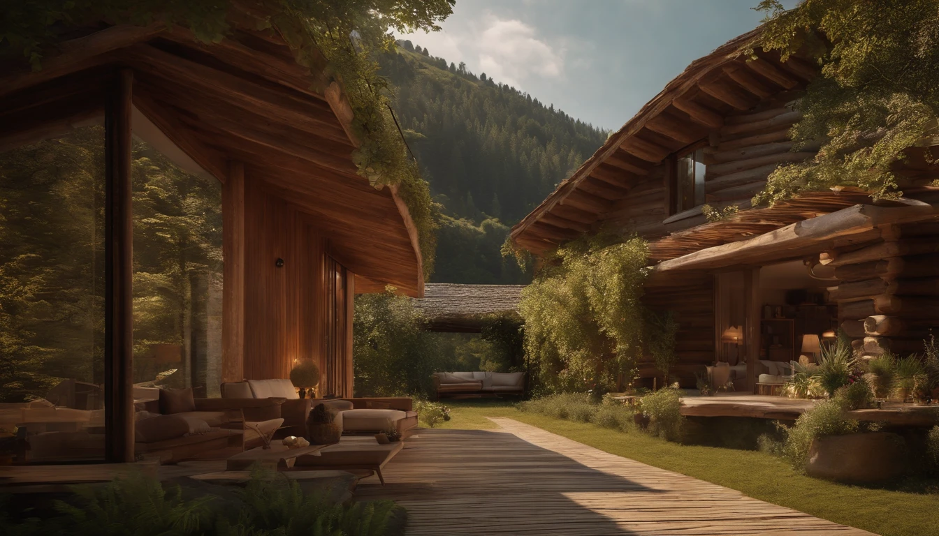 A rustic home nestled in the mountains, built with walls of unprocessed tree logs and a roof of clay tiles. The house exudes a deep connection with the surrounding nature. Wooden logs display natural textures, and climbing plants gently hug the walls. The setting is a mountainous landscape, with ancient trees and a babbling brook. Artistic photography, capturing the harmony between the house and its surroundings, using a wide-angle lens to encompass the entire scene